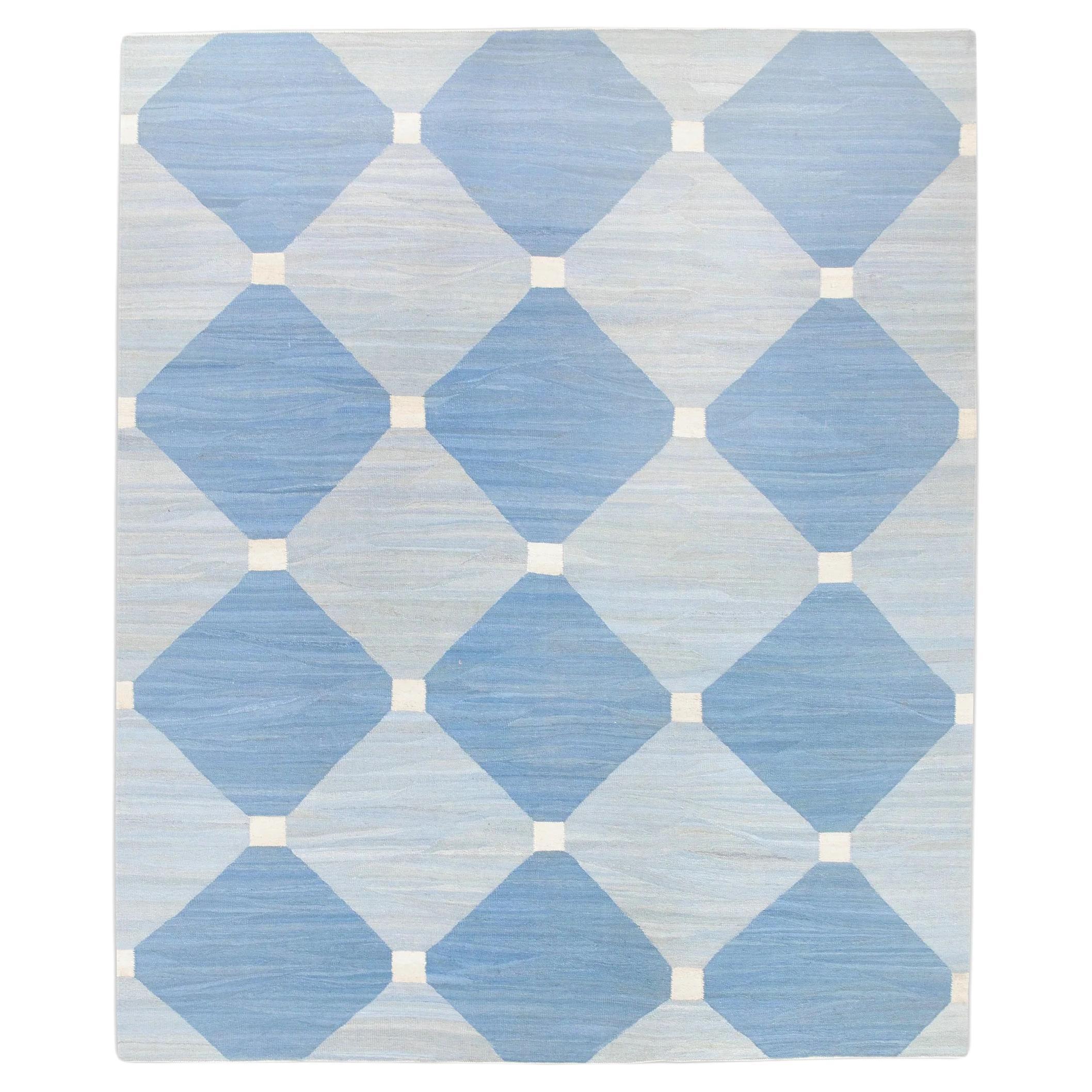 Blue Geometric Design Flatweave Handmade Wool Rug 9'3" X 11'4" For Sale