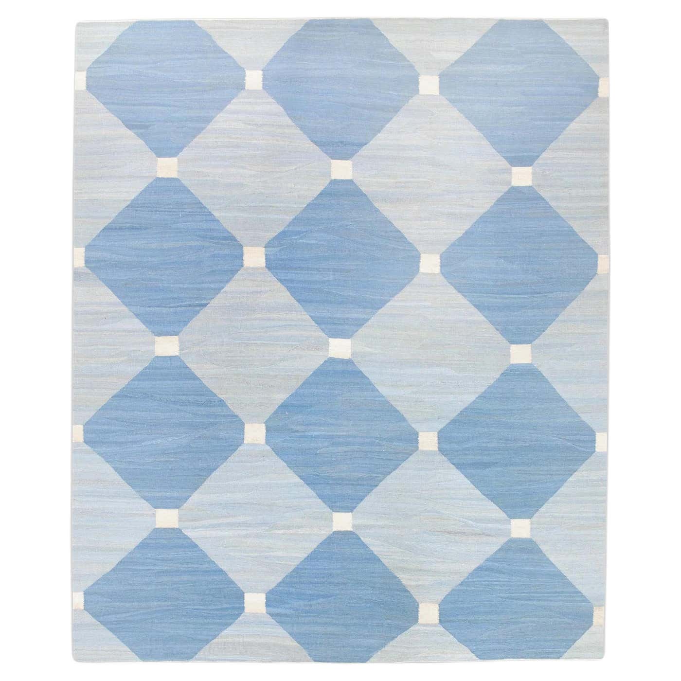 Blue Geometric Design Flatweave Handmade Wool Rug 9'3