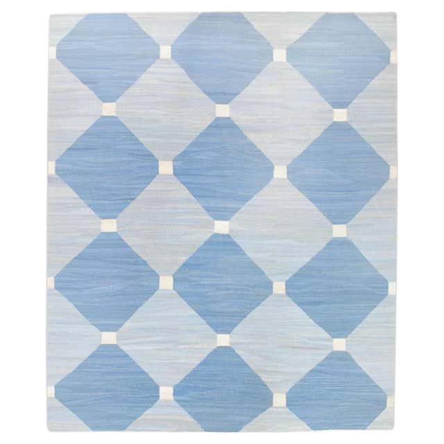 Blue Geometric Pattern Flatweave Handmade Wool Rug 10' X 14'4