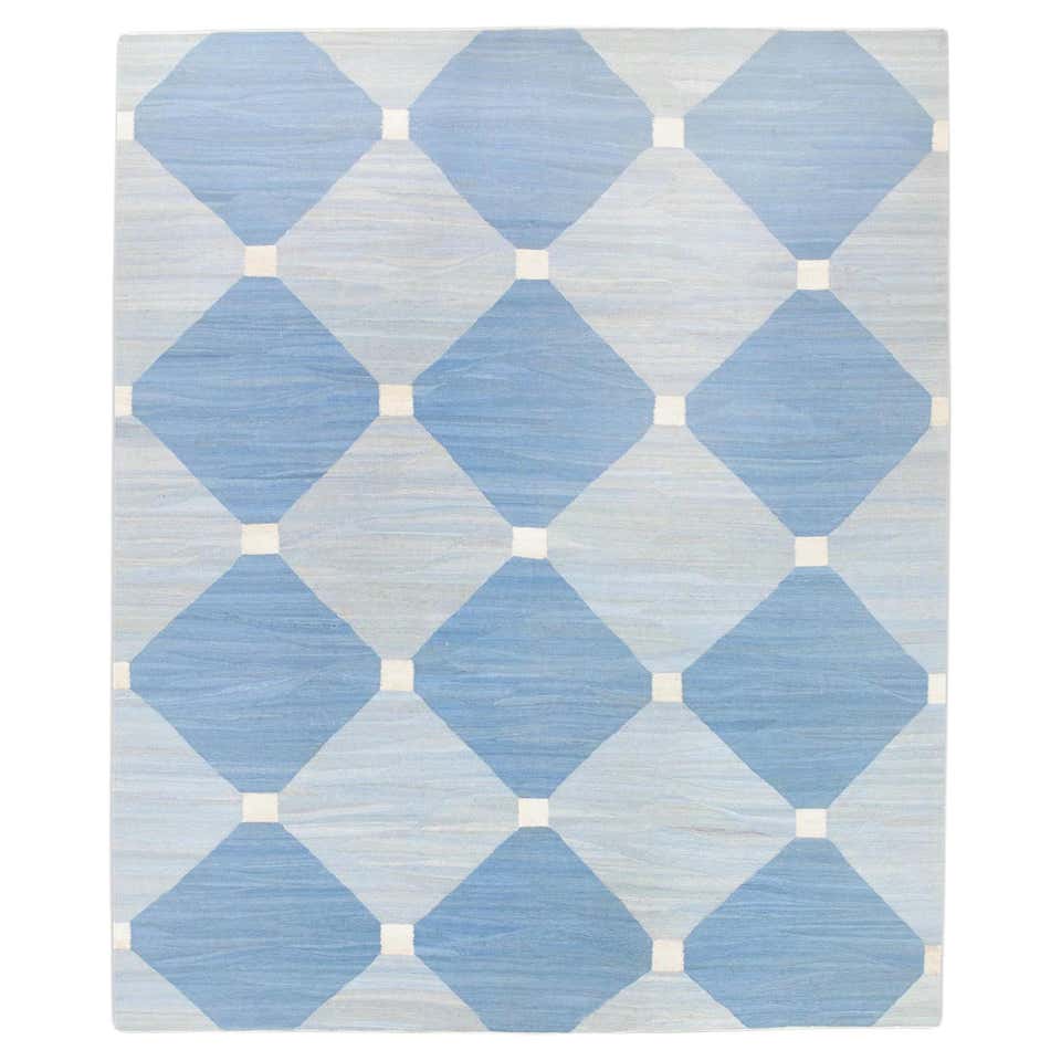 Blue Shell Shapped Rug Blue Geometric Pattern Flatweave Handmade Wool Rug 10' X 14'4