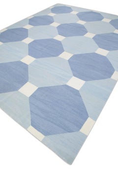 Blue Geometric Design Flatweave Handmade Wool Rug 9'4" X 12'2"