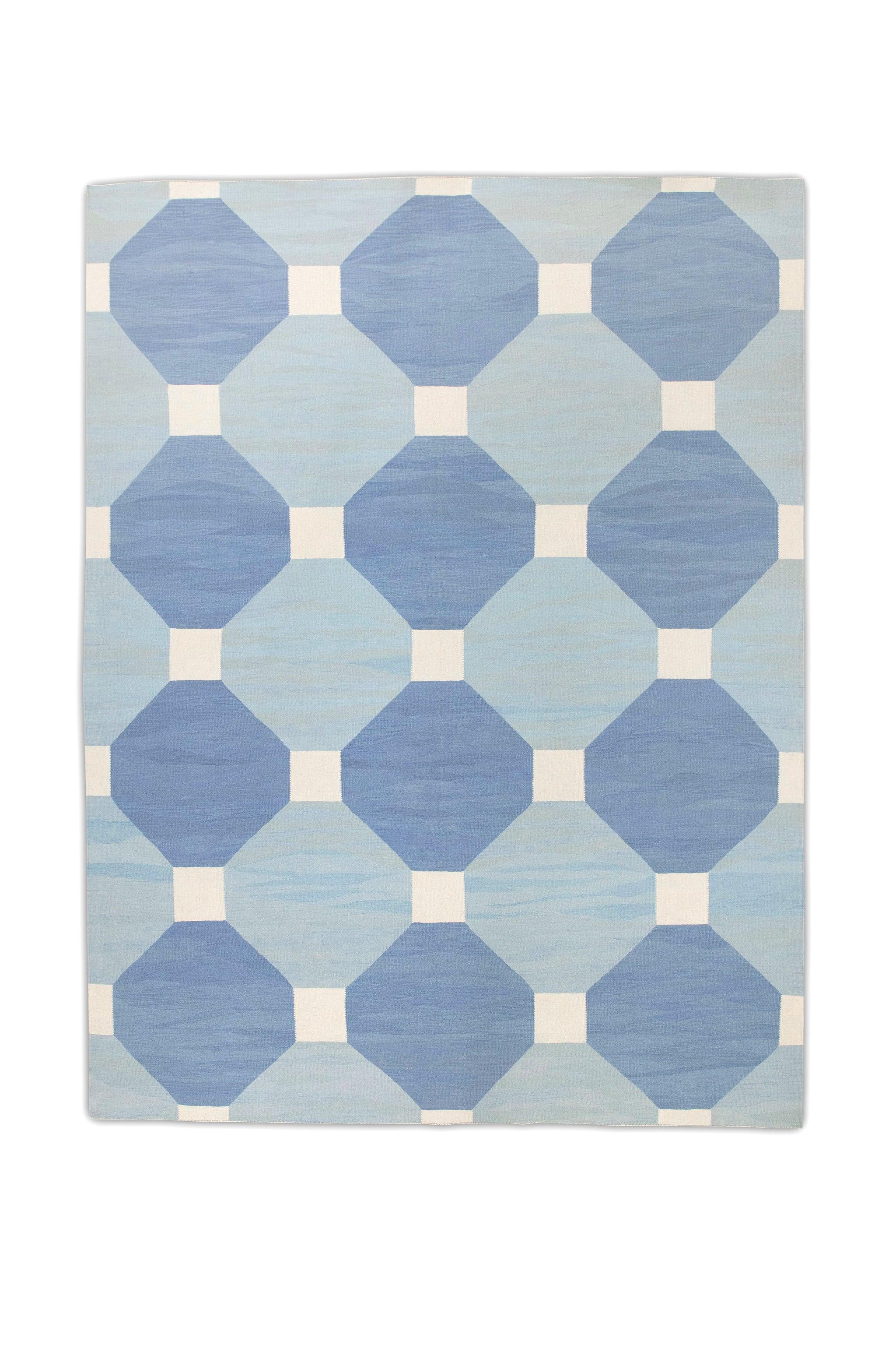Blauer handgefertigter Flachgewebe-Wollteppich in geometrischem Design 9'4