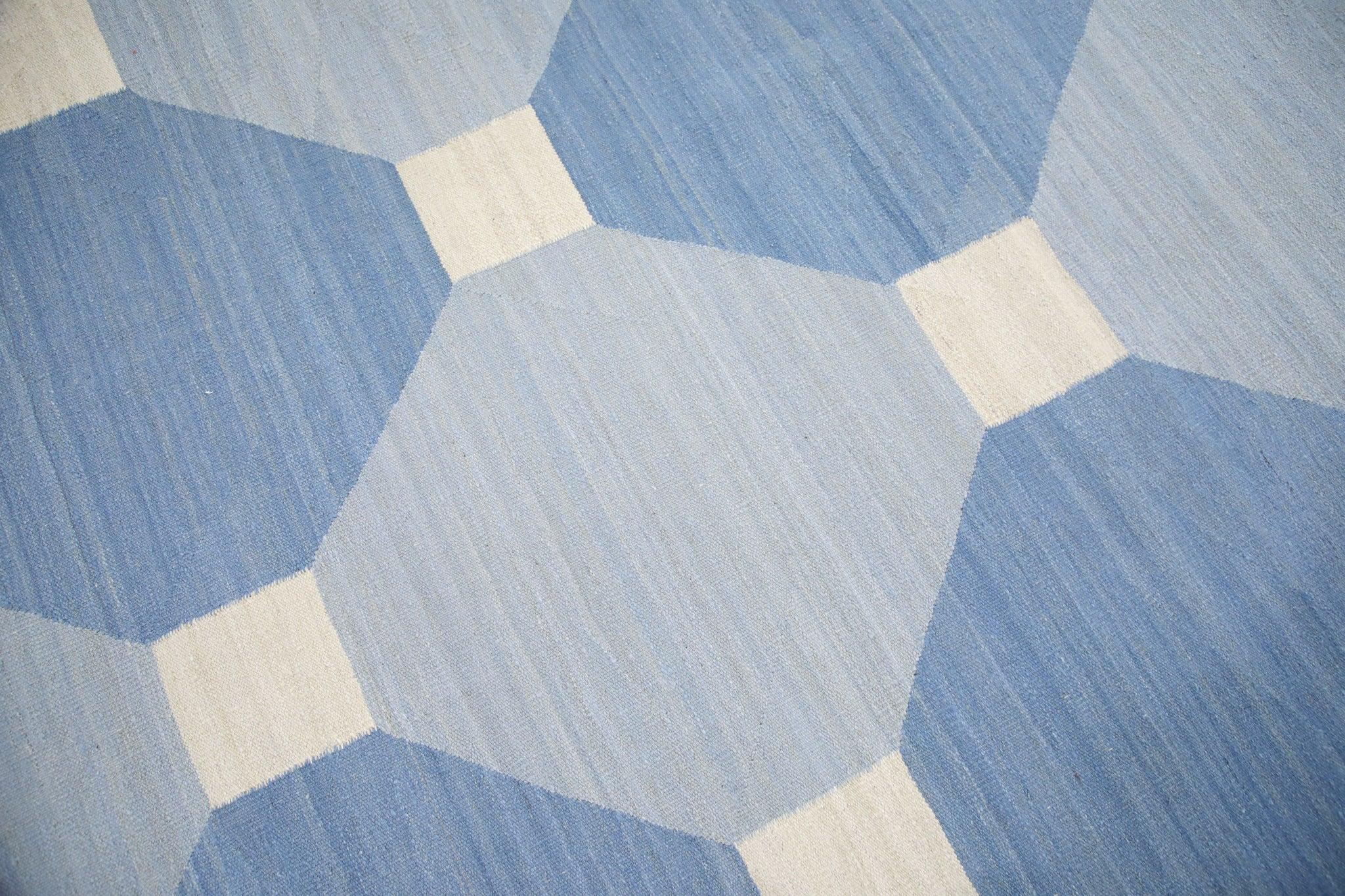 Modern Blue Geometric Design Flatweave Handmade Wool Rug 9'4