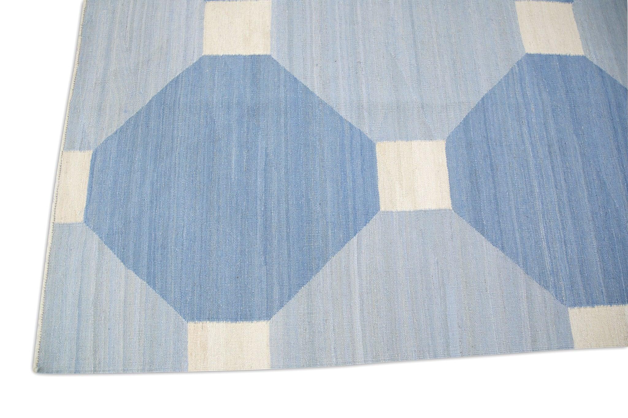 Turkish Blue Geometric Design Flatweave Handmade Wool Rug 9'4
