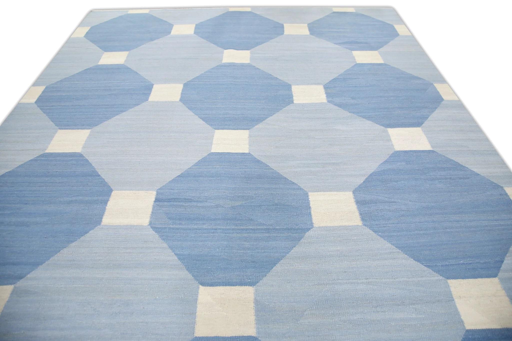 Vegetable Dyed Blue Geometric Design Flatweave Handmade Wool Rug 9'4