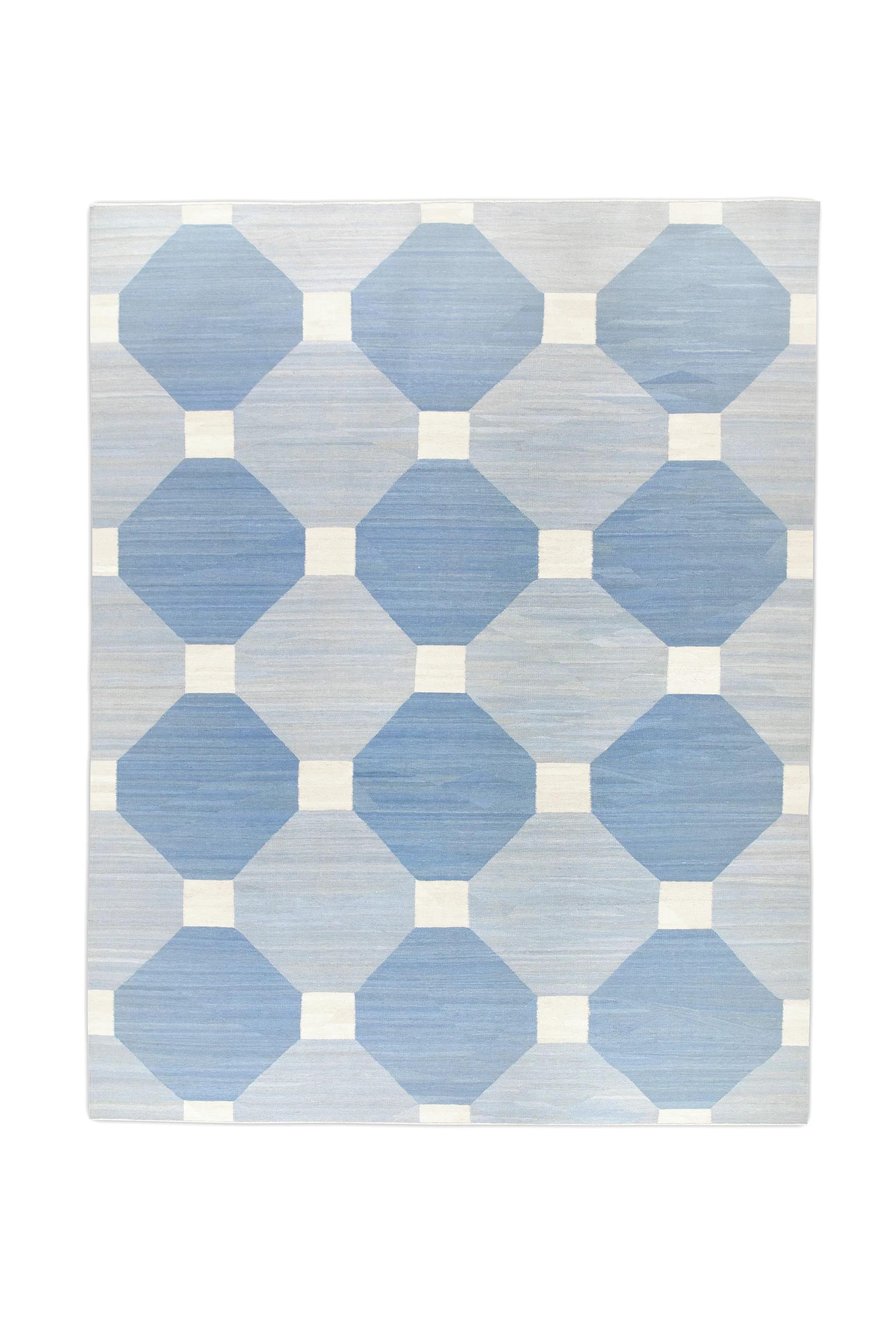 Contemporary Blue Geometric Design Flatweave Handmade Wool Rug 9'4