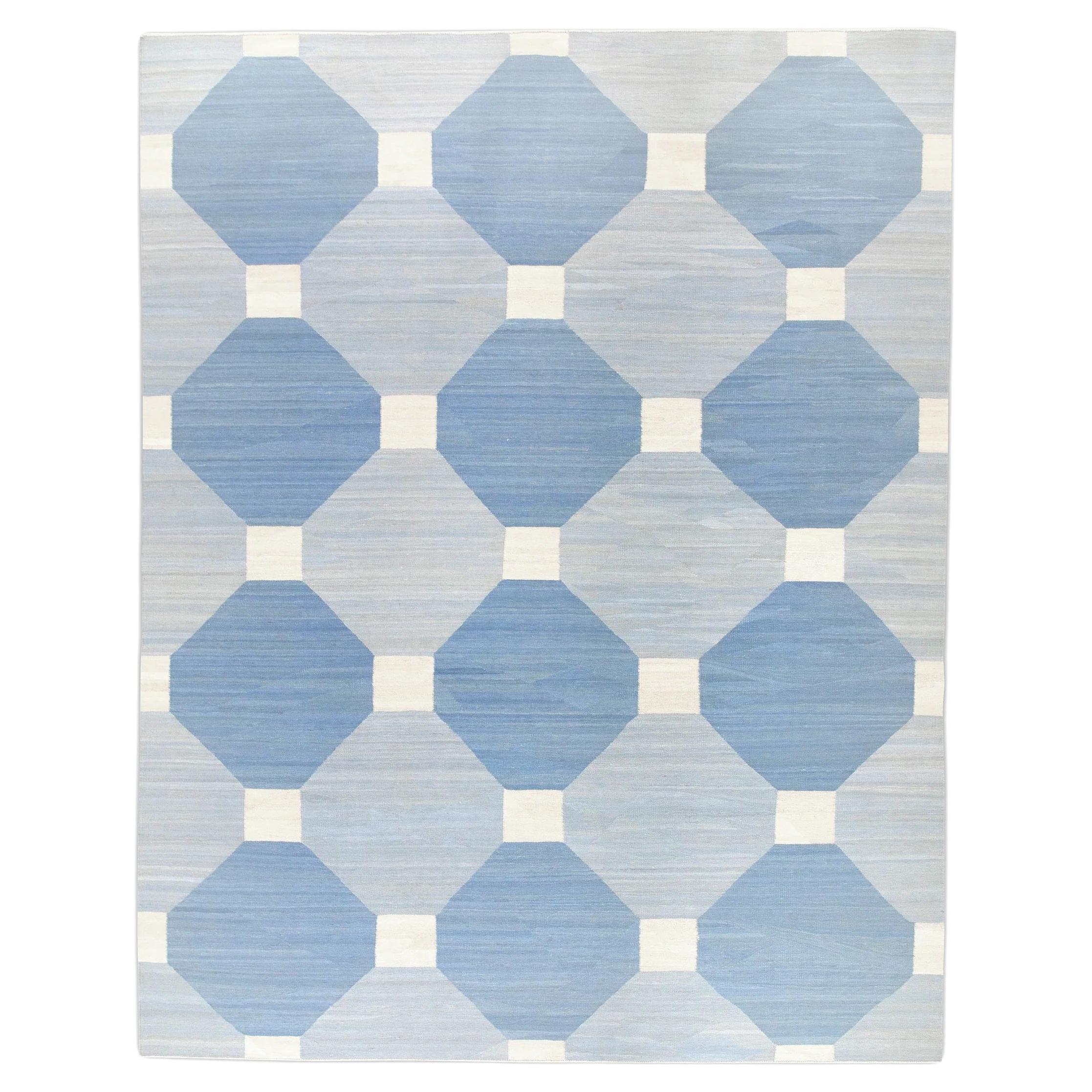 Tapis en laine bleu à motifs géométriques tissé à plat fait à la main 9'4" X 12'3".