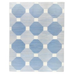 Tapis en laine bleu à motifs géométriques tissé à plat fait à la main 9'4" X 12'3".