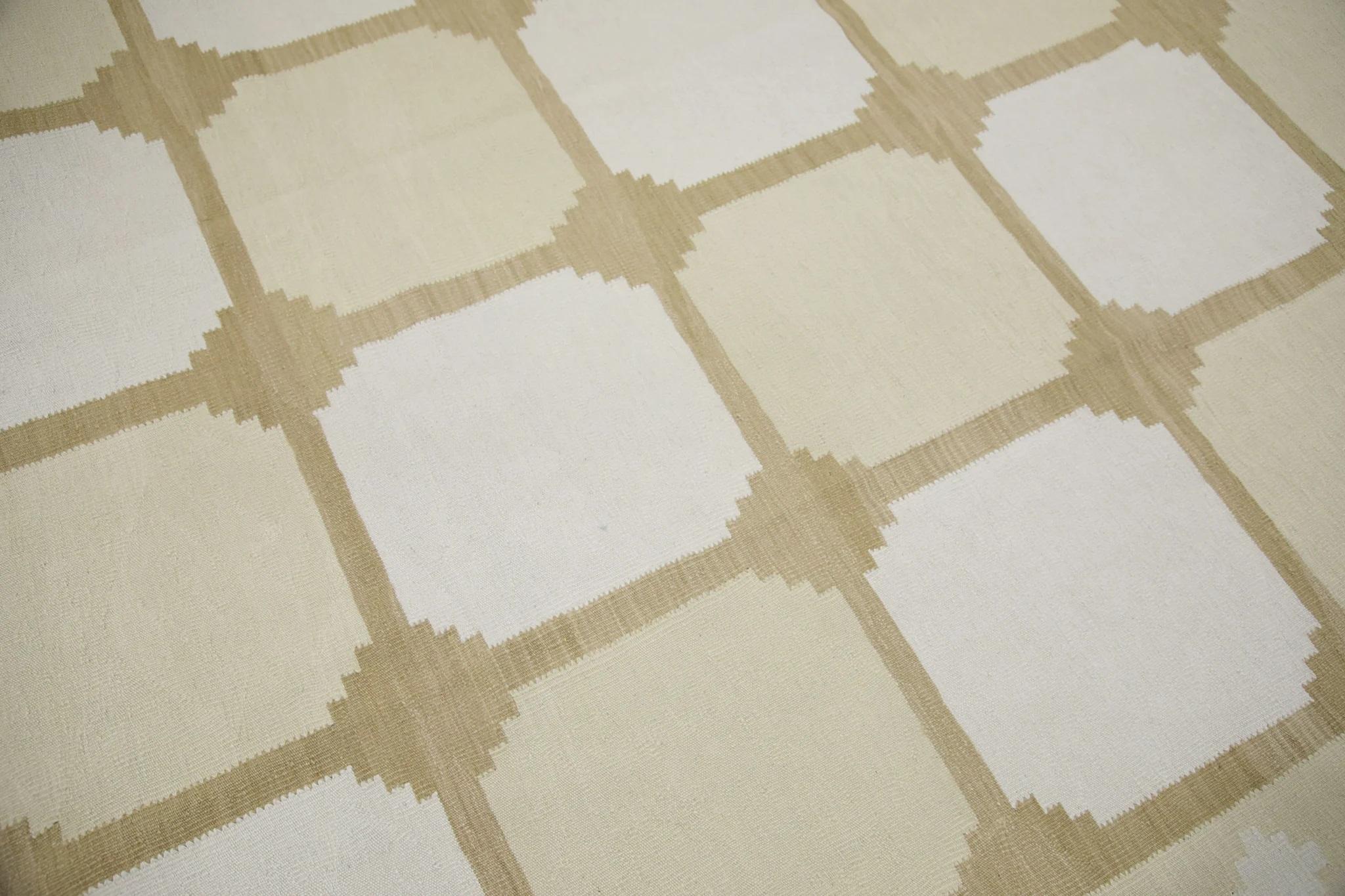 Modern Yellow & Tan Geometric Design Flatweave Handmade Wool Rug 9'4