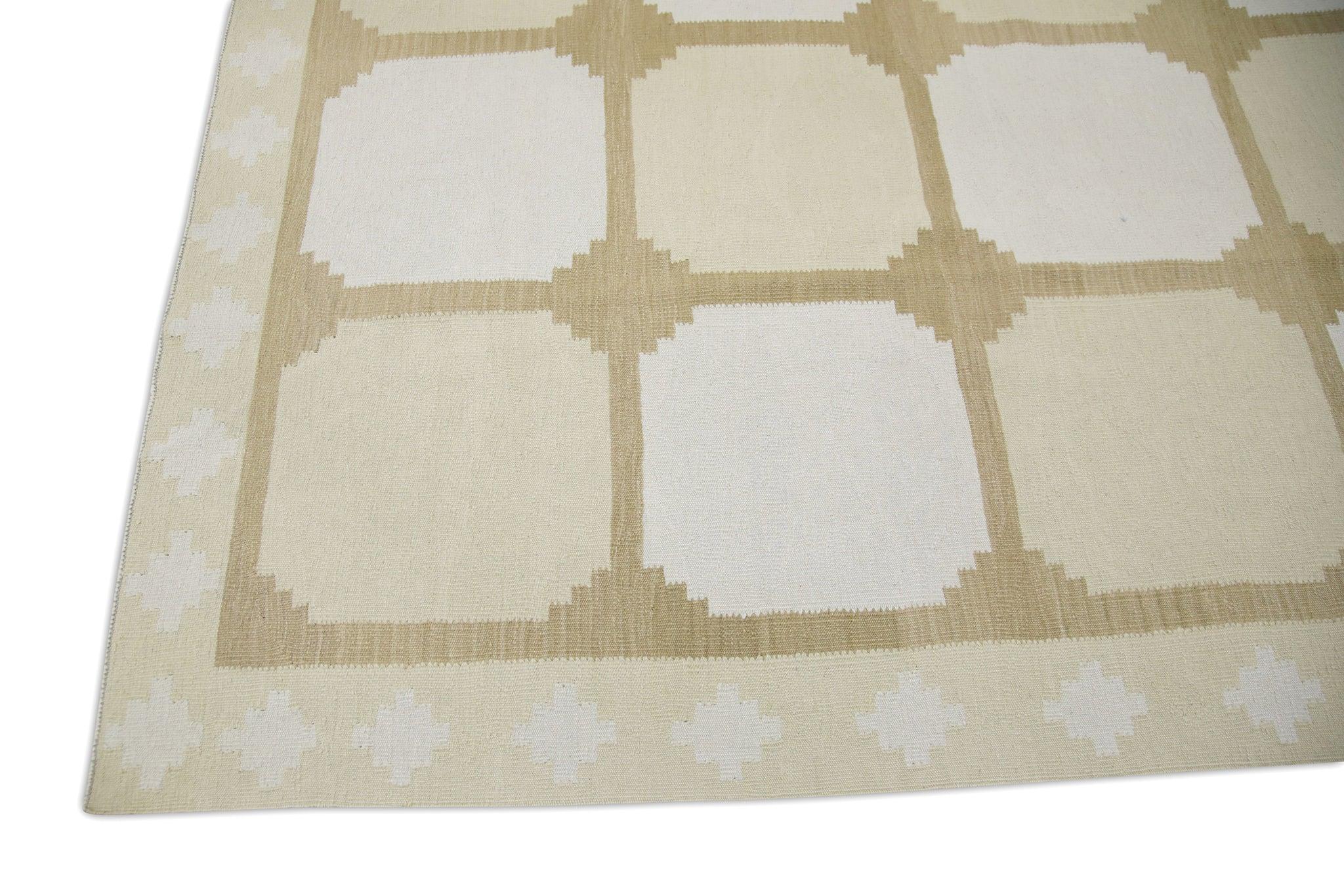 Turkish Yellow & Tan Geometric Design Flatweave Handmade Wool Rug 9'4
