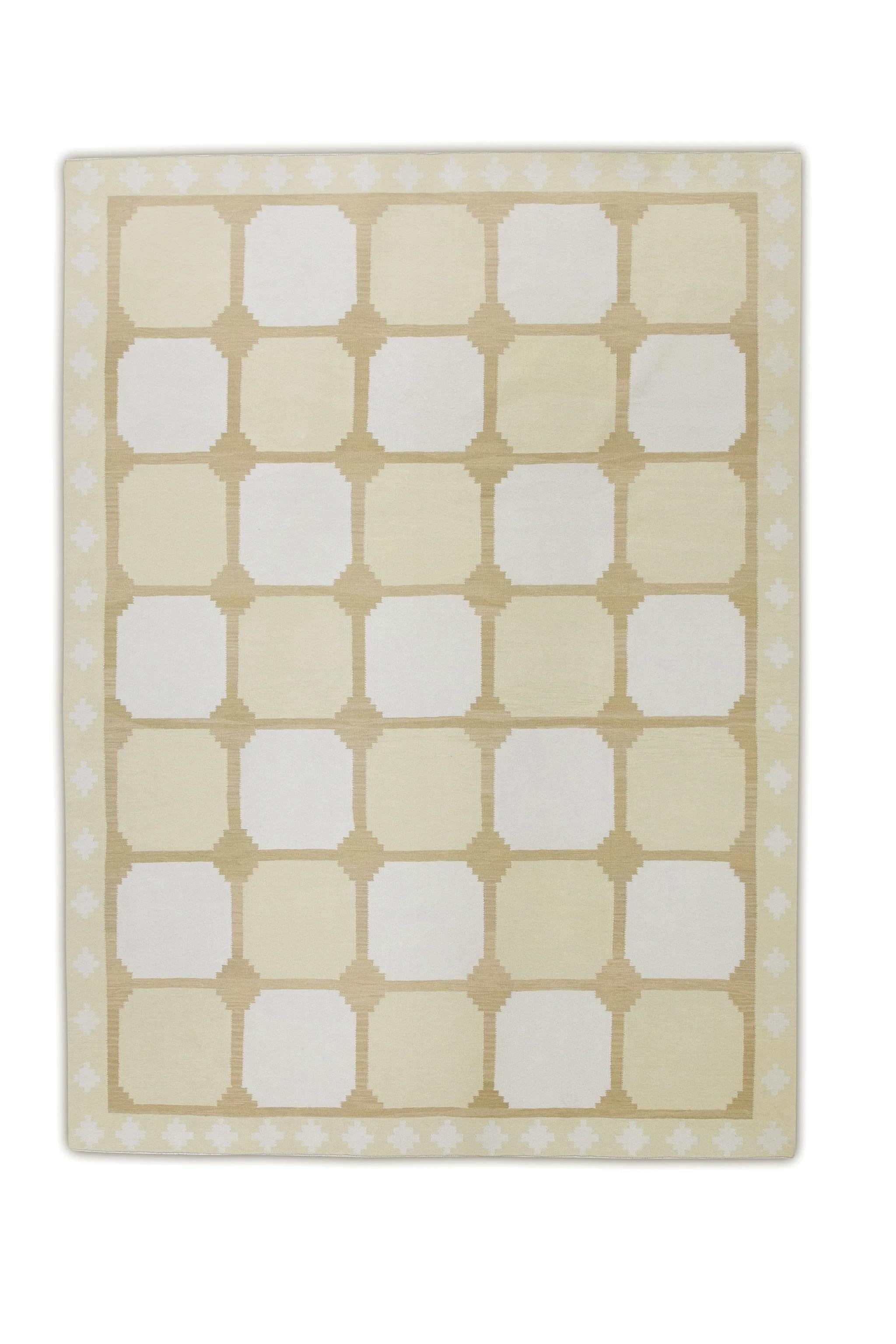 Contemporary Yellow & Tan Geometric Design Flatweave Handmade Wool Rug 9'4
