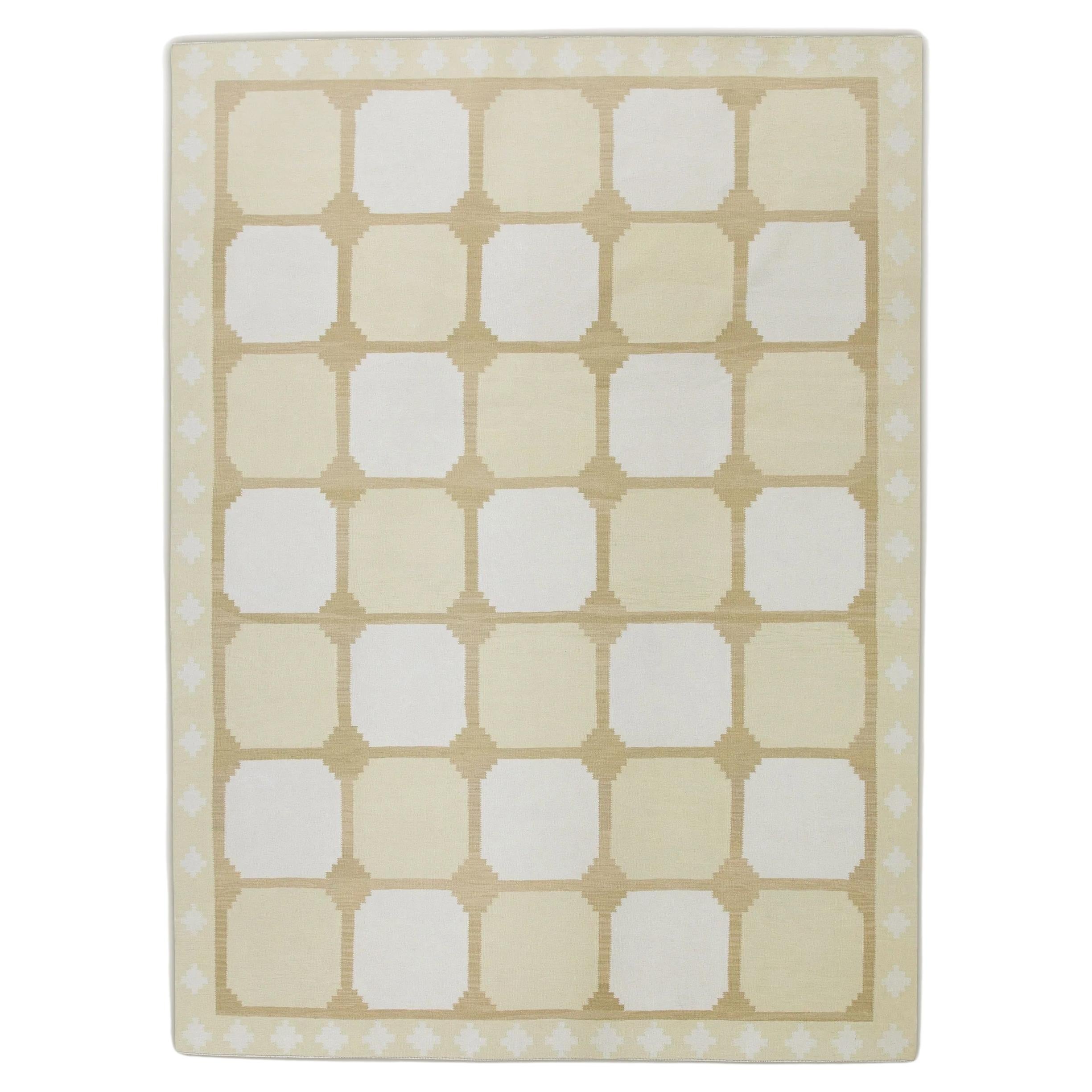 Yellow & Tan Geometric Design Flatweave Handmade Wool Rug 9'4" X 12'4" For Sale