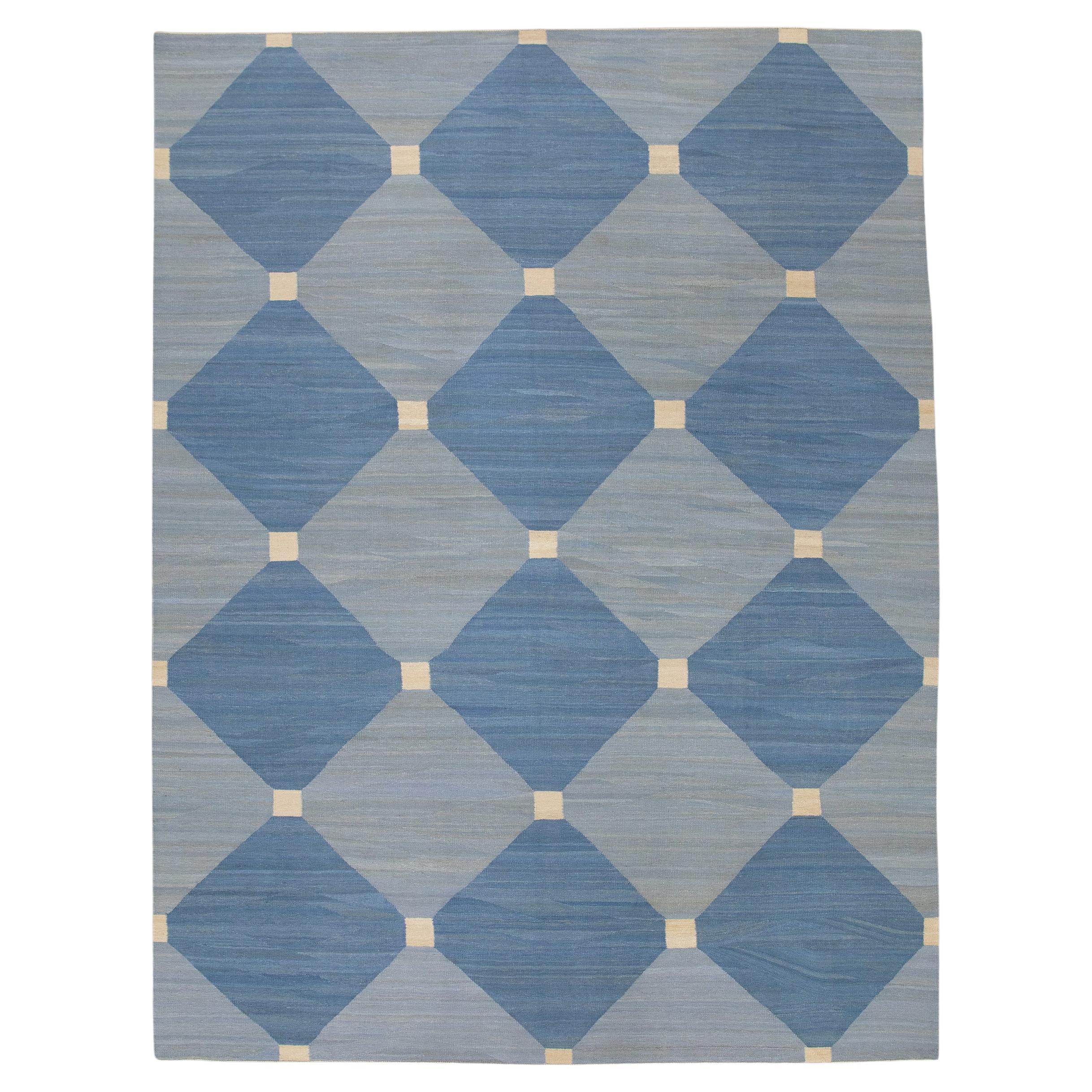 Blue Geometric Design Flatweave Handmade Wool Rug 9'2