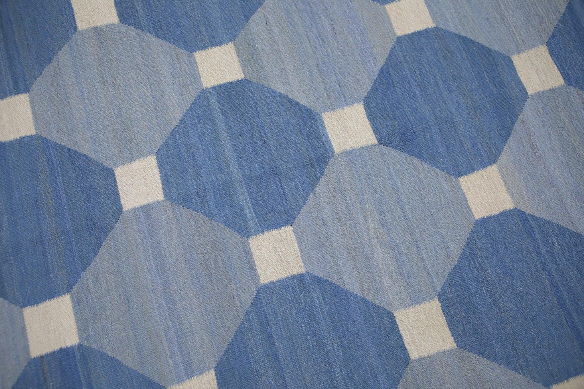 Turkish Blue Geometric Design Modern Flatweave Handmade Wool Rug 9'5