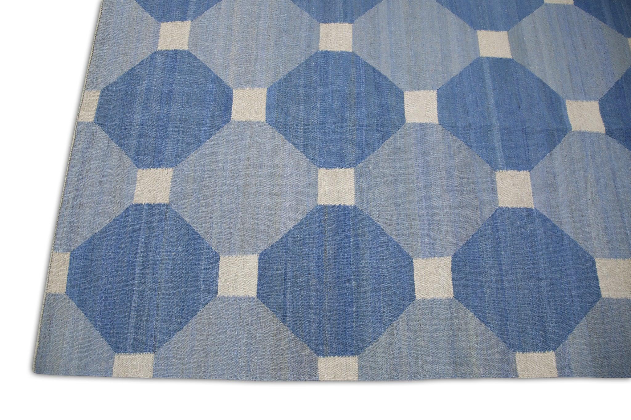 Vegetable Dyed Blue Geometric Design Modern Flatweave Handmade Wool Rug 9'5