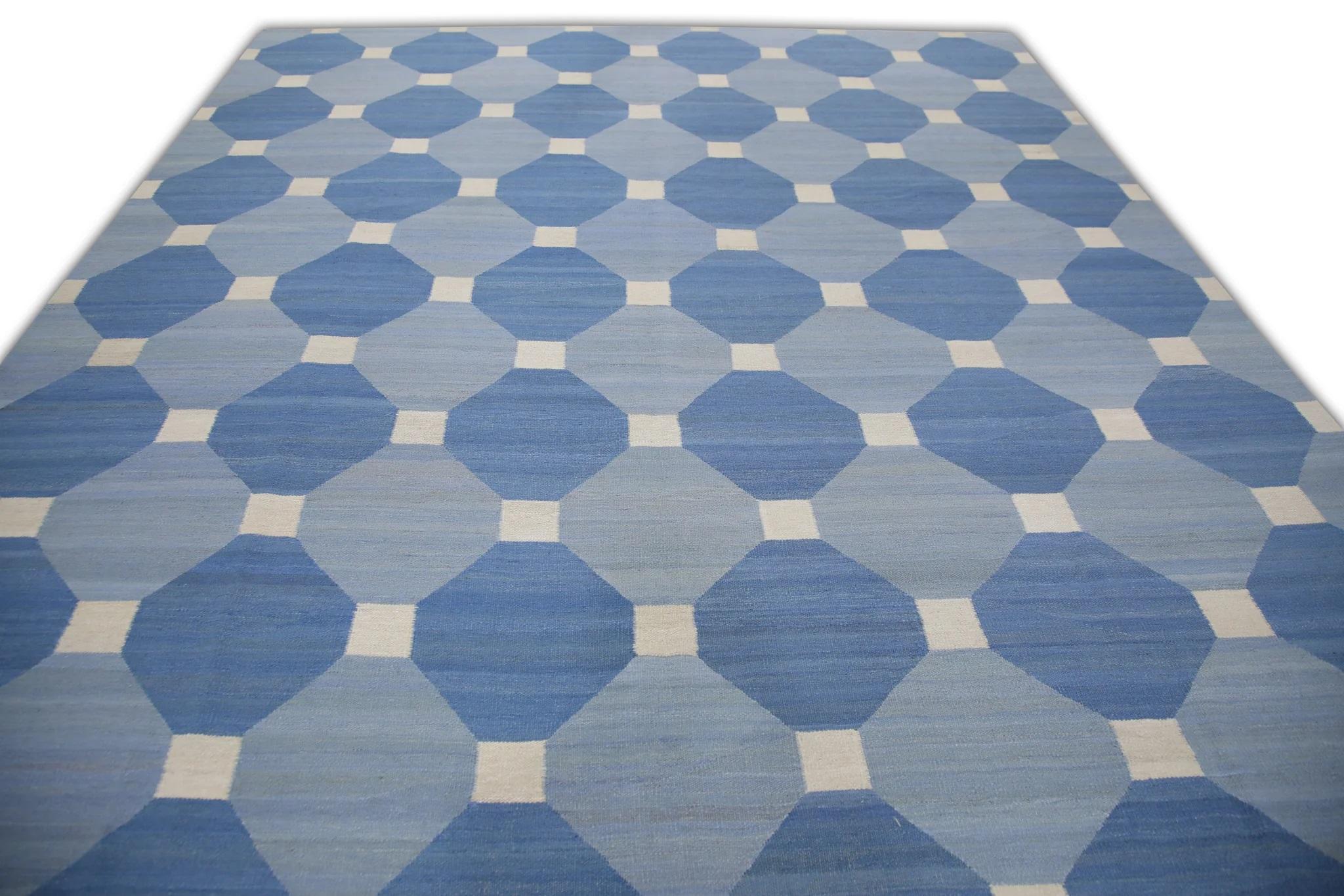 Blue Geometric Design Modern Flatweave Handmade Wool Rug 9'5