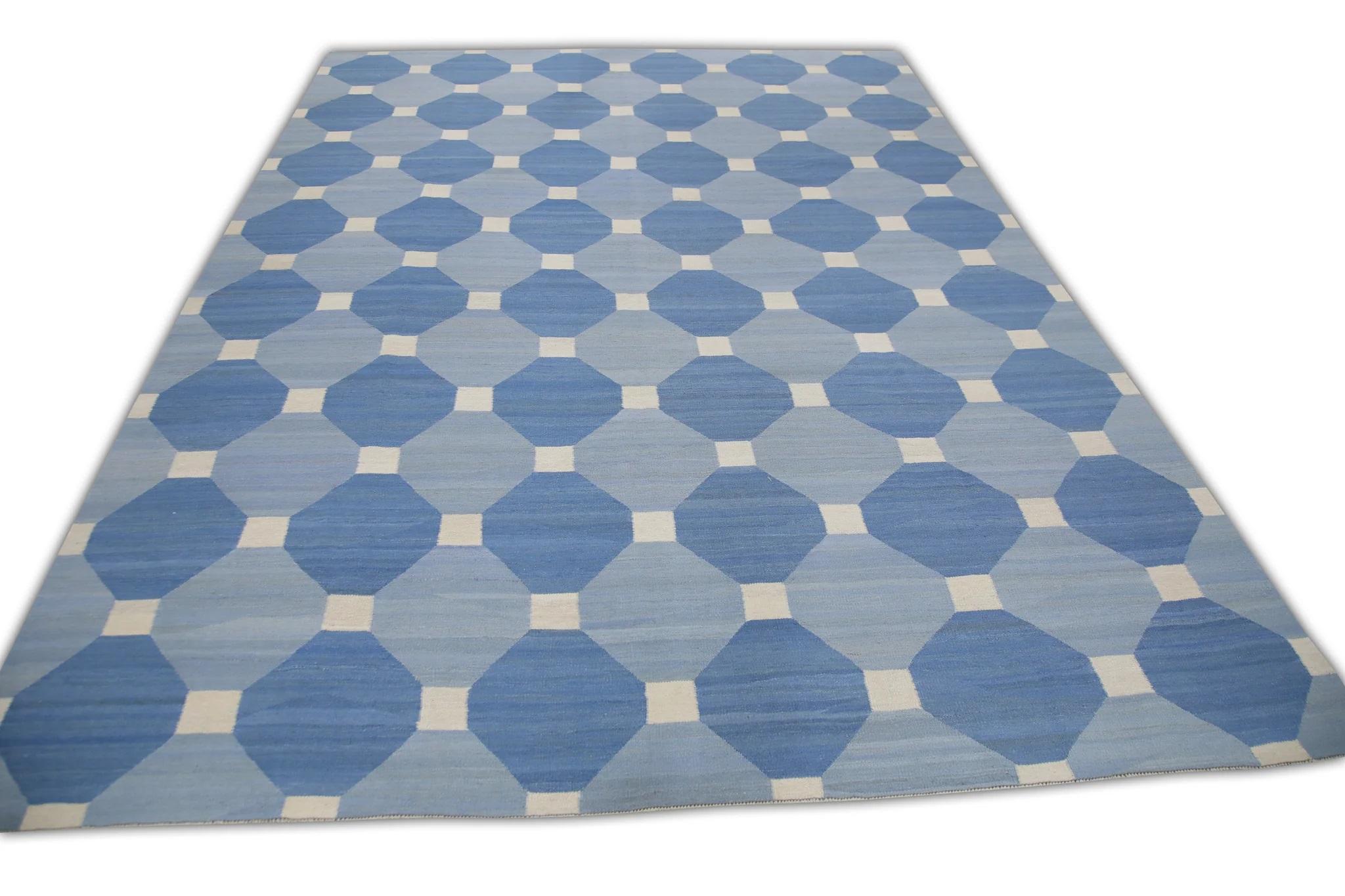 Contemporary Blue Geometric Design Modern Flatweave Handmade Wool Rug 9'5