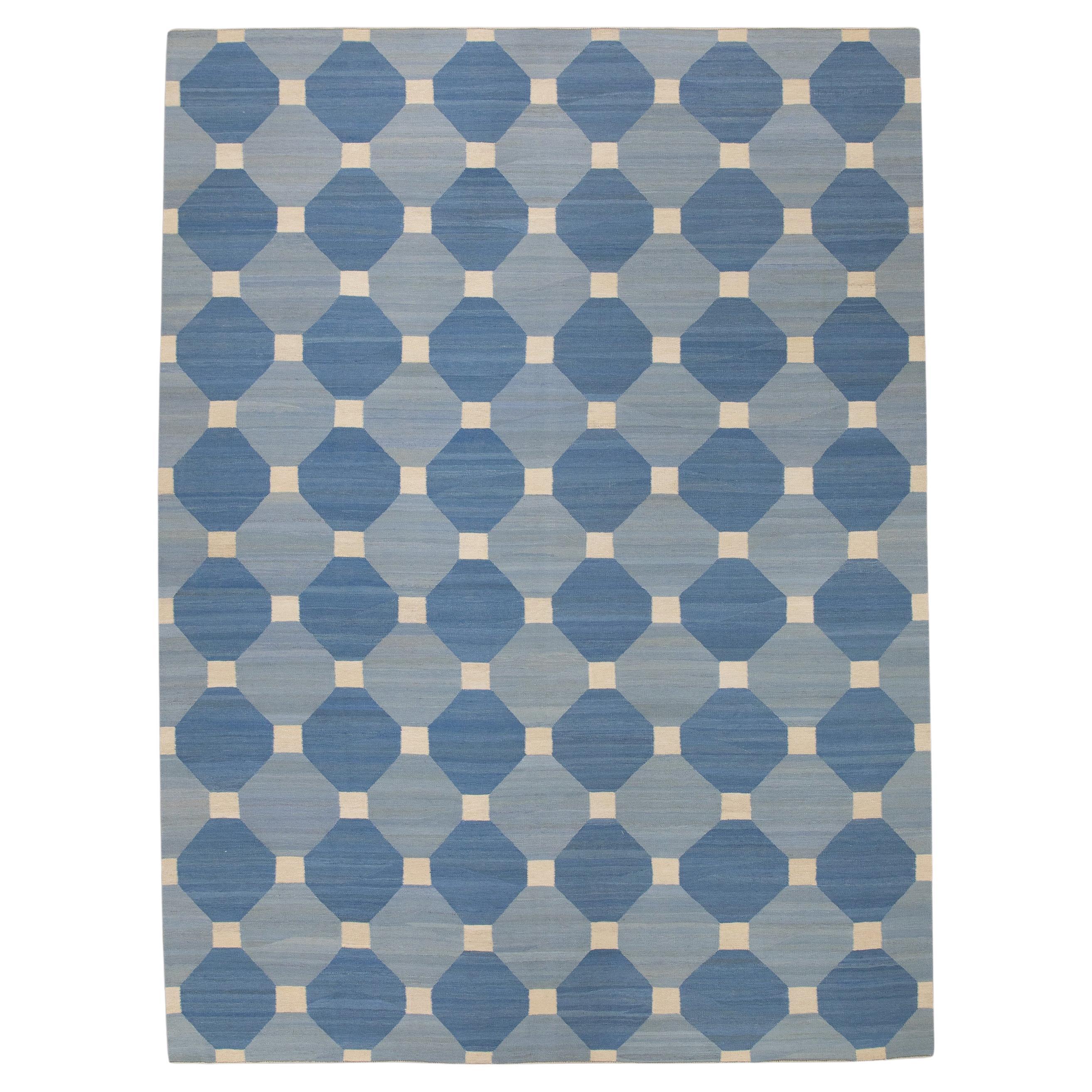 Blue Geometric Design Modern Flatweave Handmade Wool Rug 9'5" x 12'8"