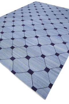 Blue Flatweave Handmade Wool Rug in Navy Geometric Design 9'6" X 12'2"
