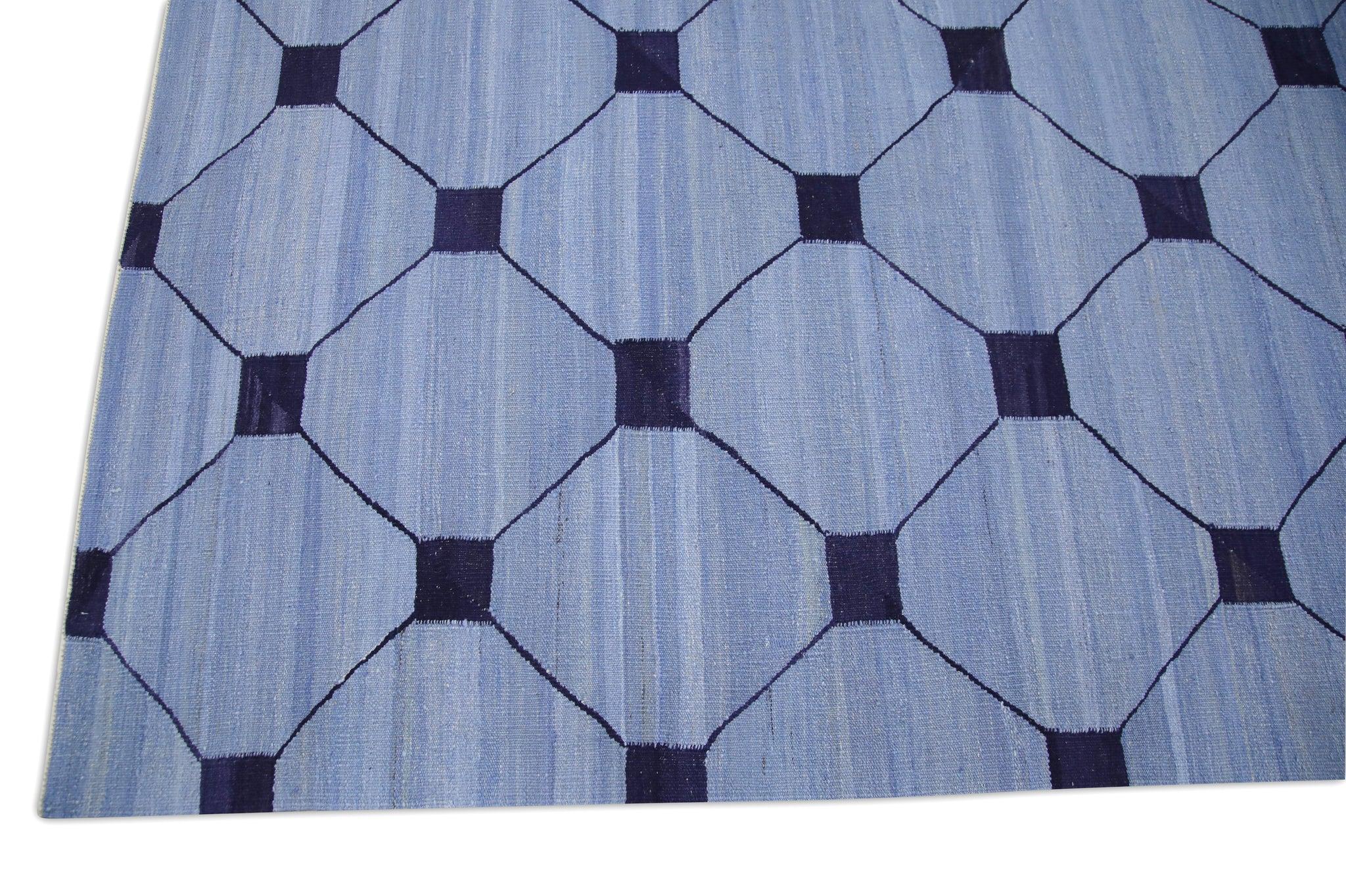 Turkish Blue Flatweave Handmade Wool Rug in Navy Geometric Design 9'6