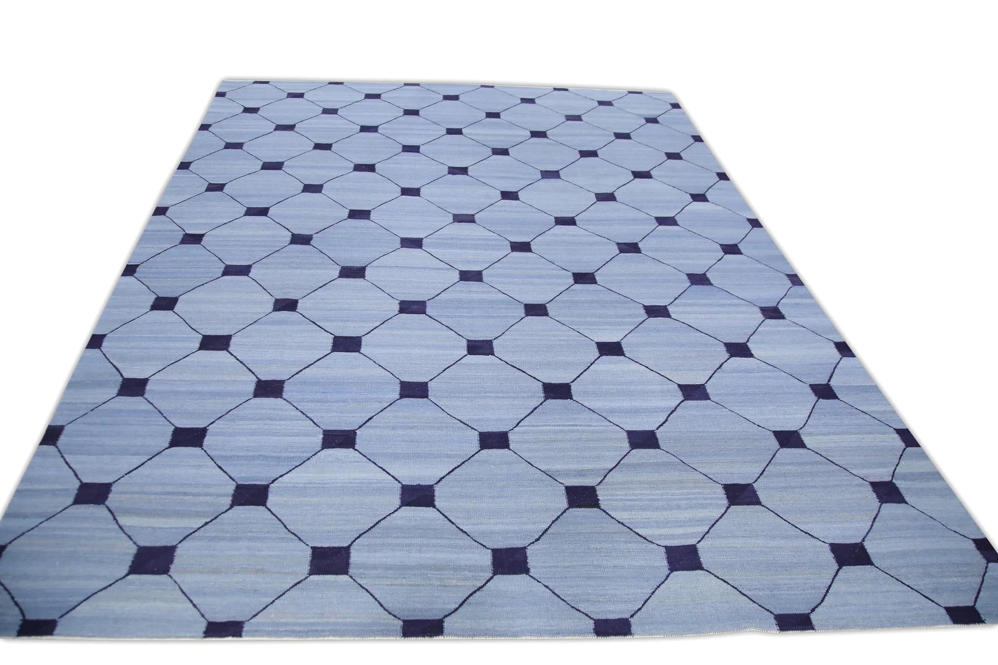Vegetable Dyed Blue Flatweave Handmade Wool Rug in Navy Geometric Design 9'6