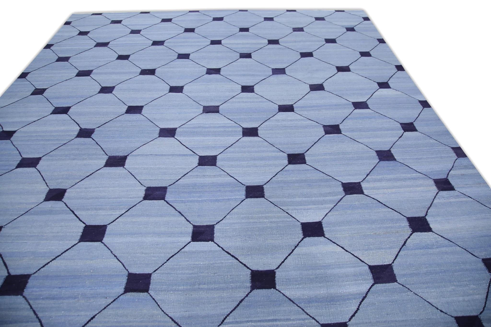 Blue Flatweave Handmade Wool Rug in Navy Geometric Design 9'6