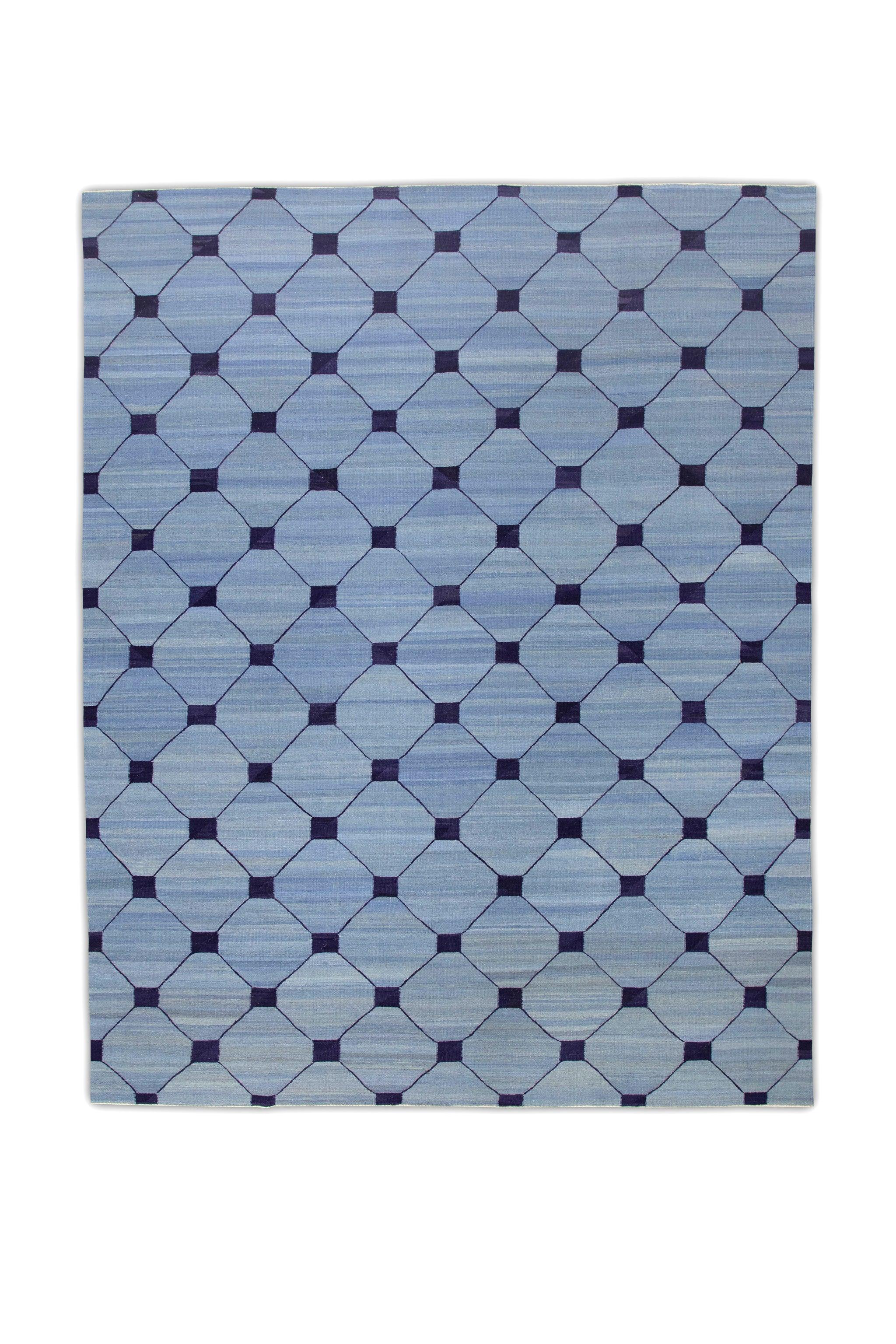 Contemporary Blue Flatweave Handmade Wool Rug in Navy Geometric Design 9'6