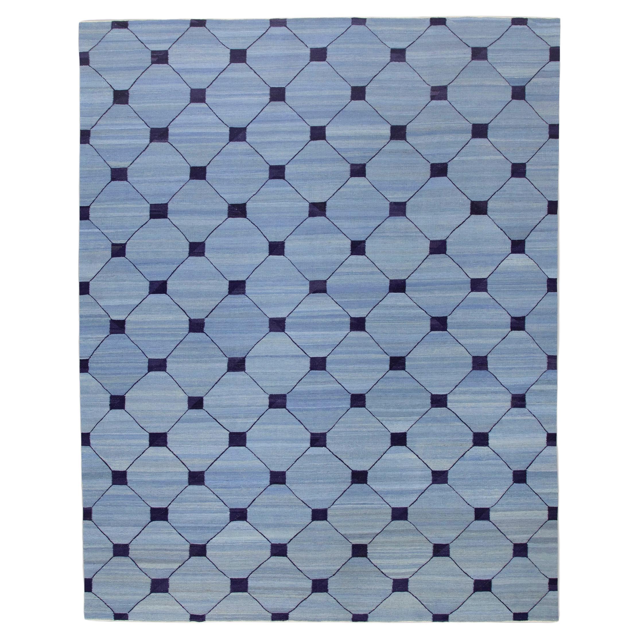 Blue Flatweave Handmade Wool Rug in Navy Geometric Design 9'6" X 12'2" For Sale