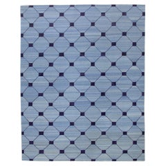 Blue Flatweave Handmade Wool Rug in Navy Geometric Design 9'6" X 12'2"