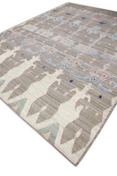 Brown Flatweave Handmade Wool Rug in Pink & Blue Geometric Design 9'8" X 12'
