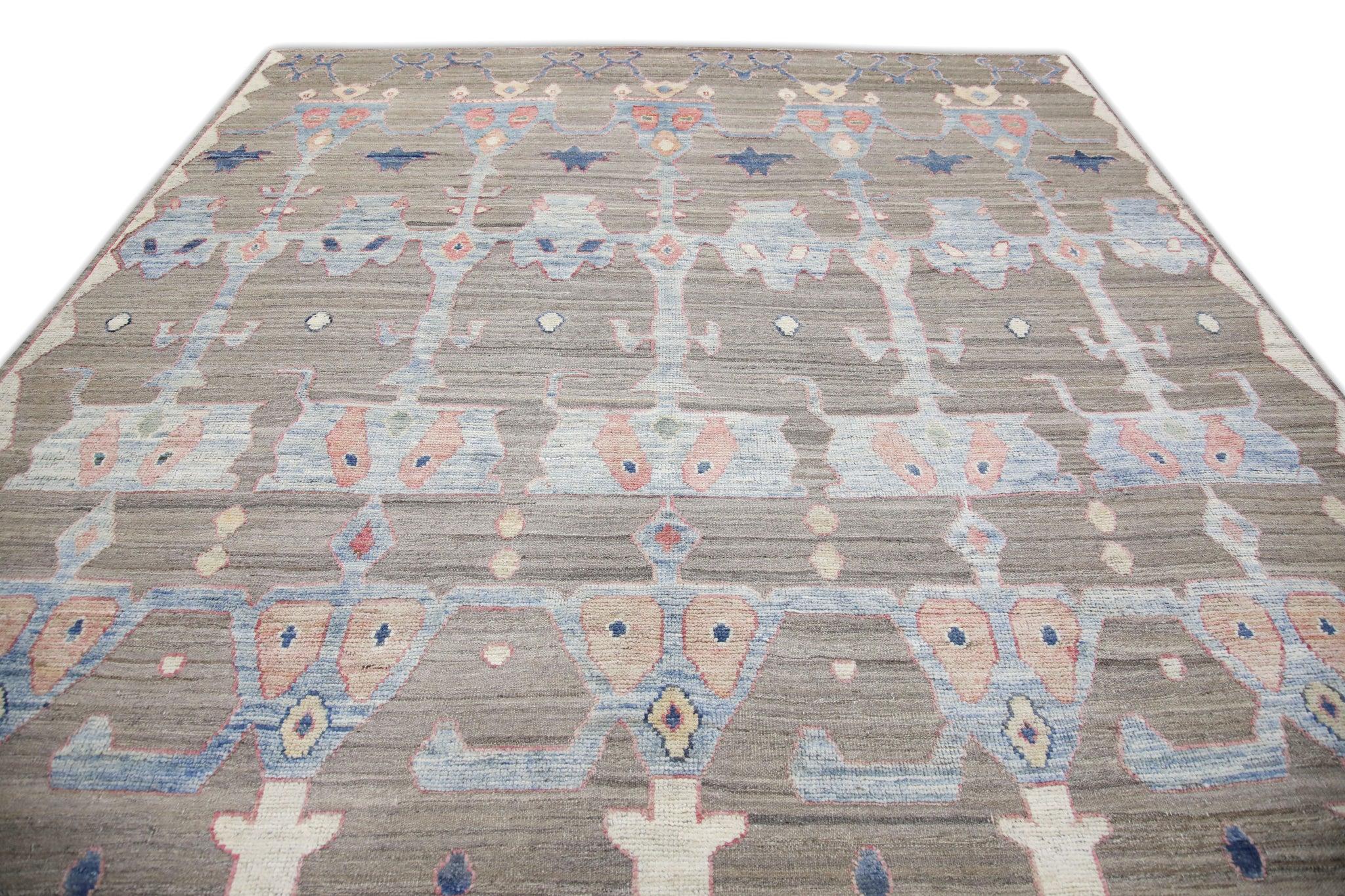 Handgefertigter brauner Flachgewebe-Wollteppich in Rosa & Blau mit geometrischem Design 9'8
