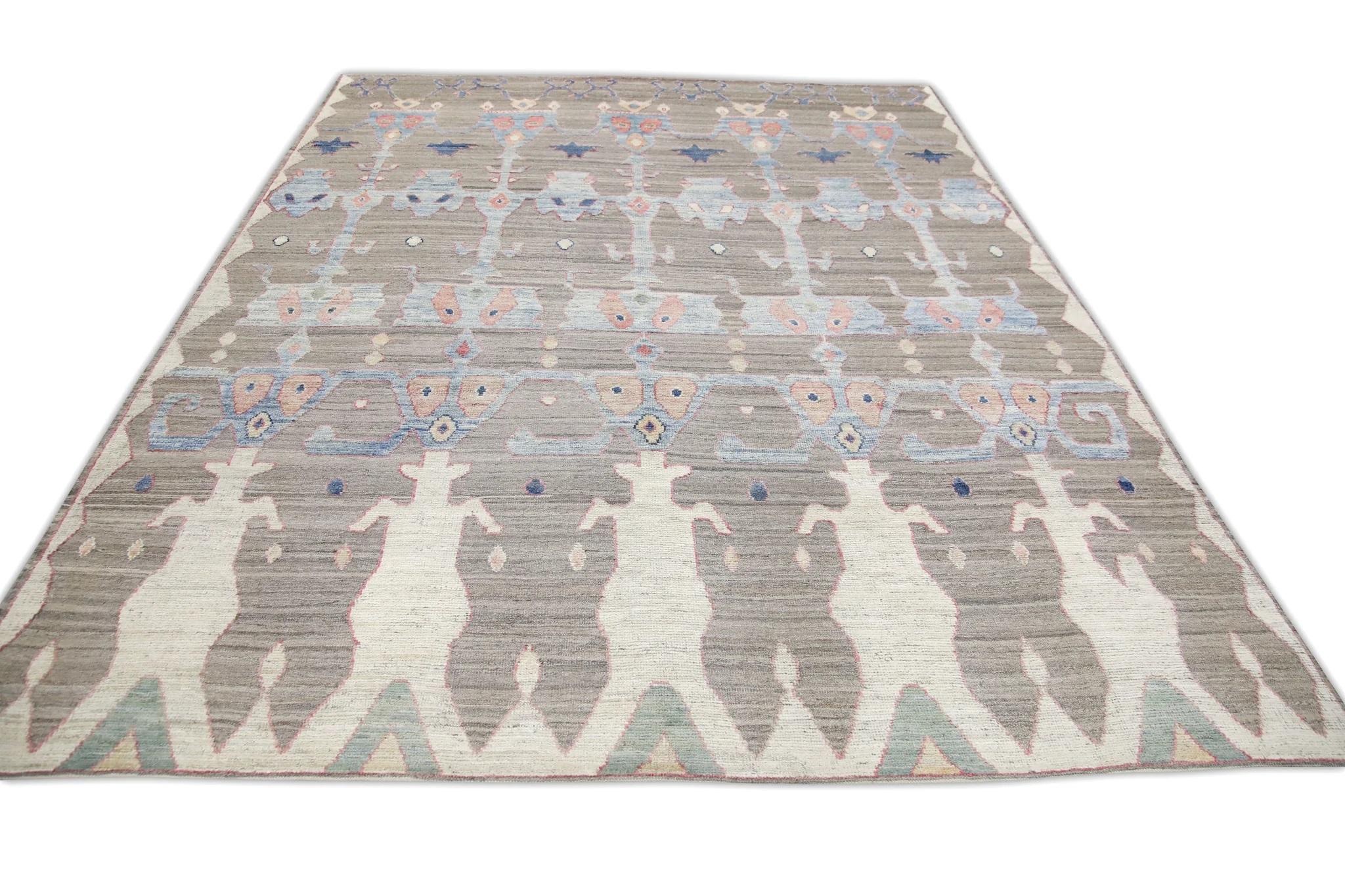 Handgefertigter brauner Flachgewebe-Wollteppich in Rosa & Blau mit geometrischem Design 9'8