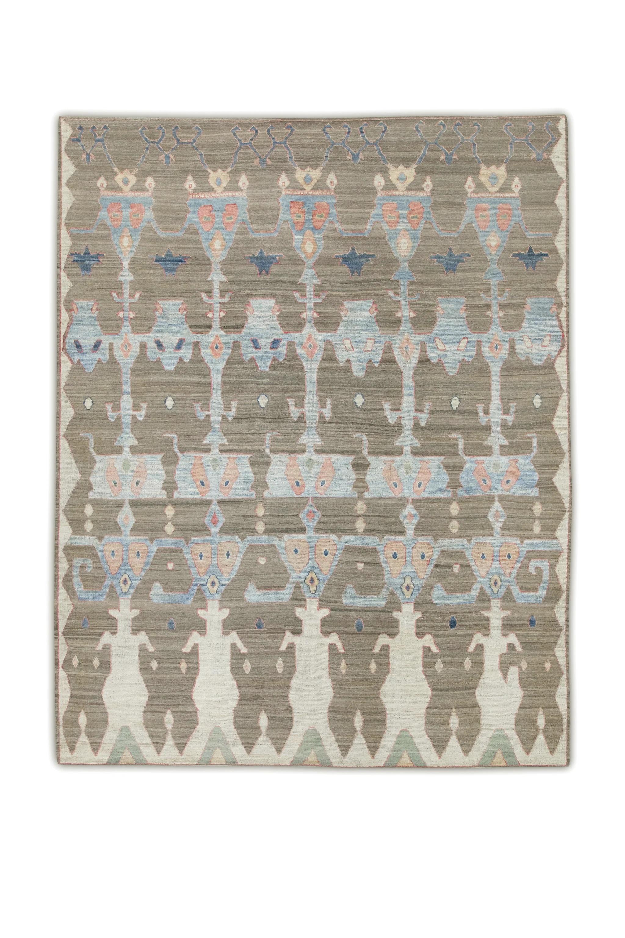 Handgefertigter brauner Flachgewebe-Wollteppich in Rosa & Blau mit geometrischem Design 9'8