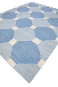 Blue Geometric Design Flatweave Handmade Wool Rug 9'8" X 12'4"