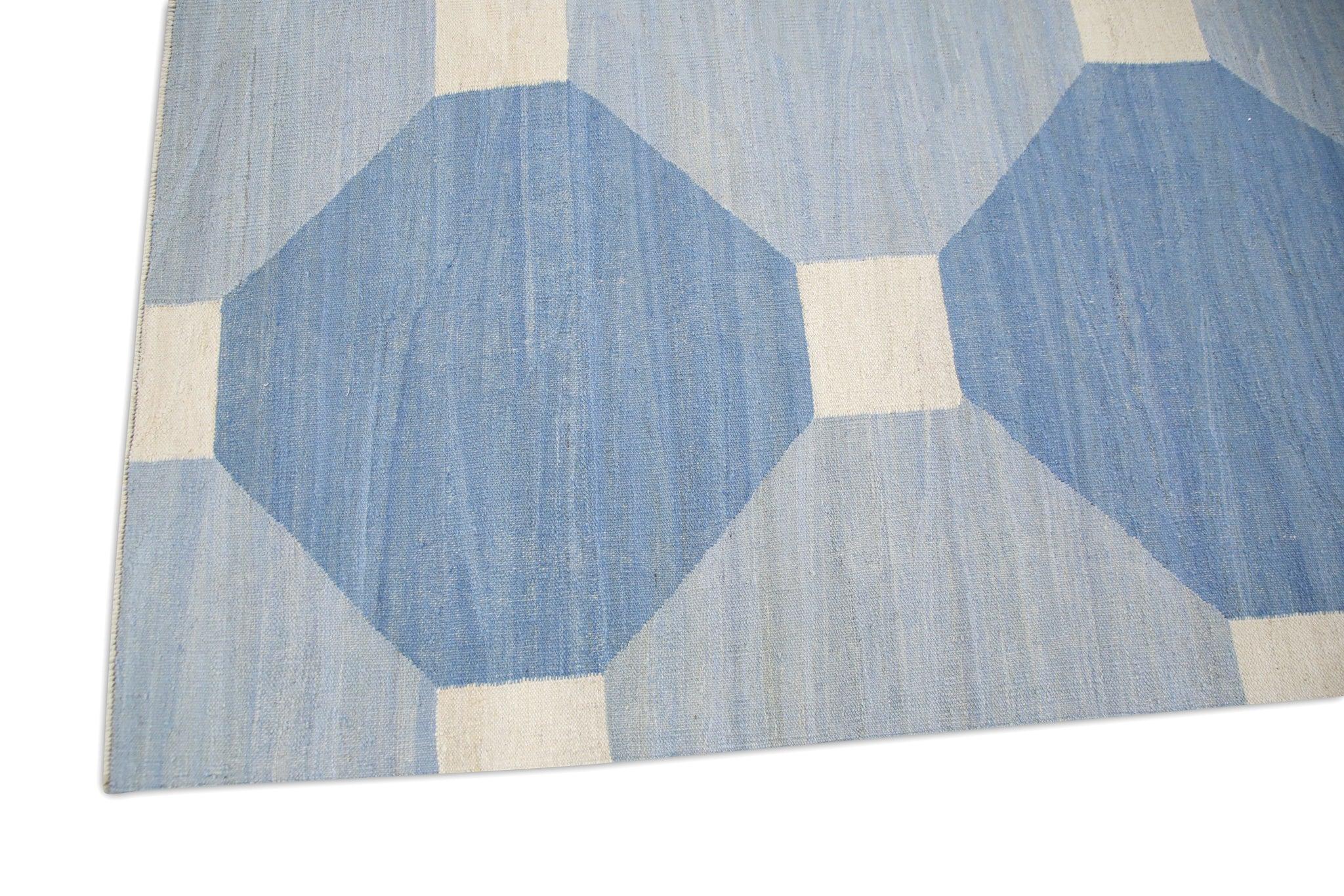 Modern Blue Geometric Design Flatweave Handmade Wool Rug 9'8