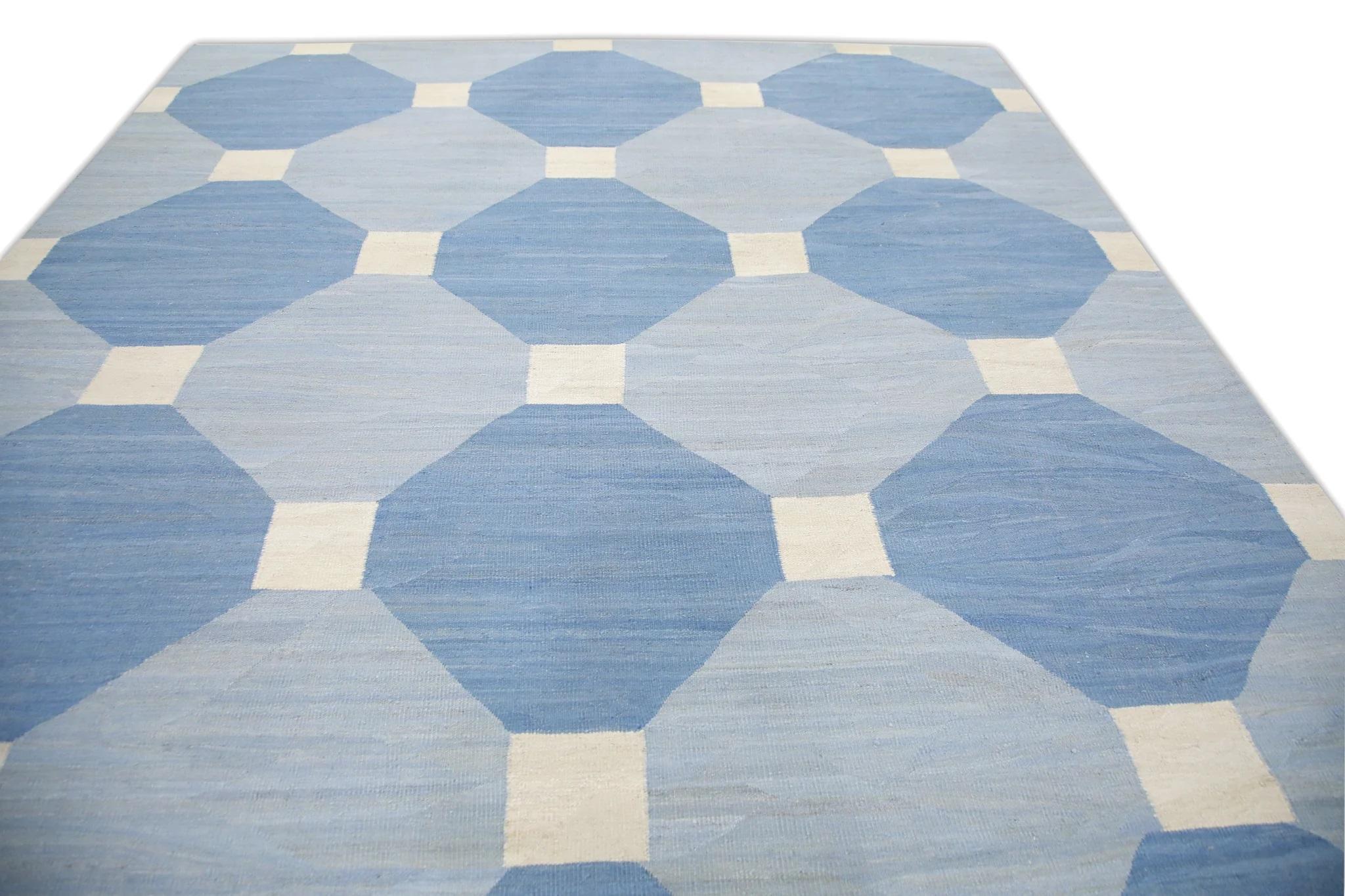 Turkish Blue Geometric Design Flatweave Handmade Wool Rug 9'8