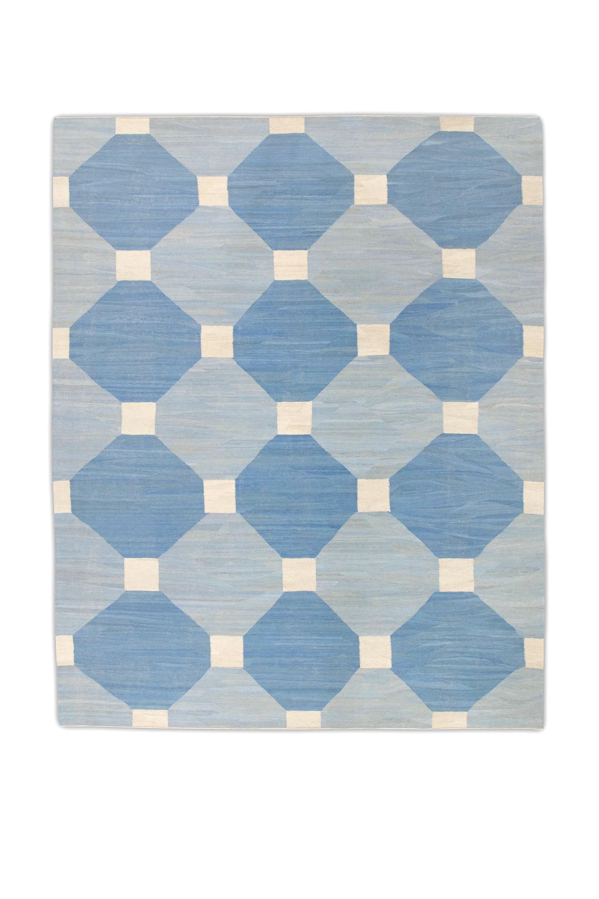 Blue Geometric Design Flatweave Handmade Wool Rug 9'8