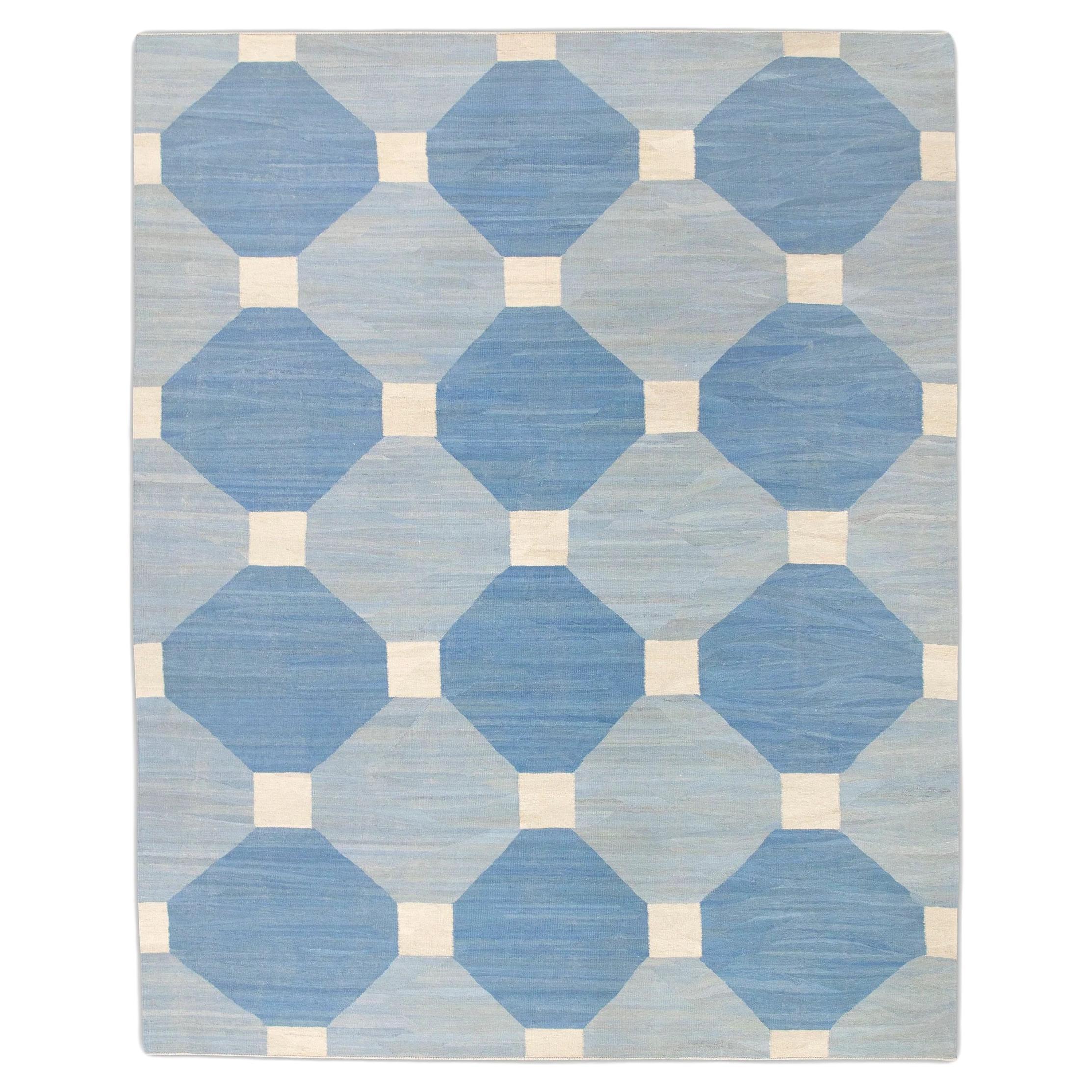 Blue Geometric Design Flatweave Handmade Wool Rug 9'8" X 12'4" For Sale