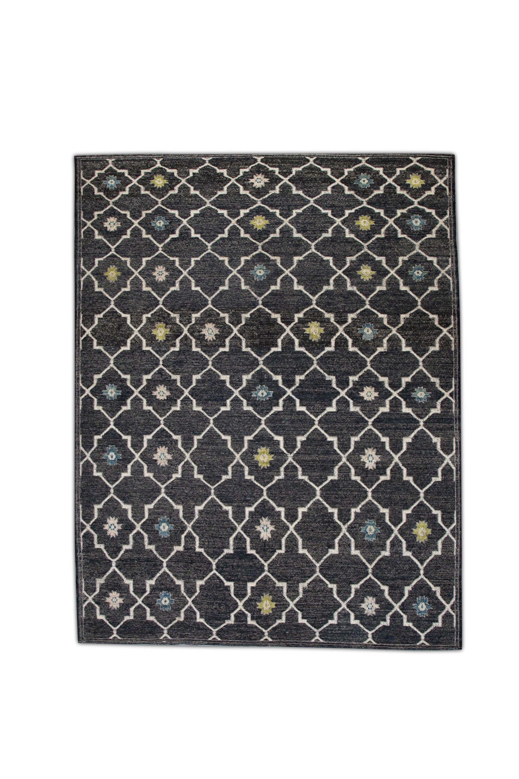 Charcoal Flatweave Handmade Wool Rug in Blue & Green Geometric Design 10' X 12'4 For Sale 3