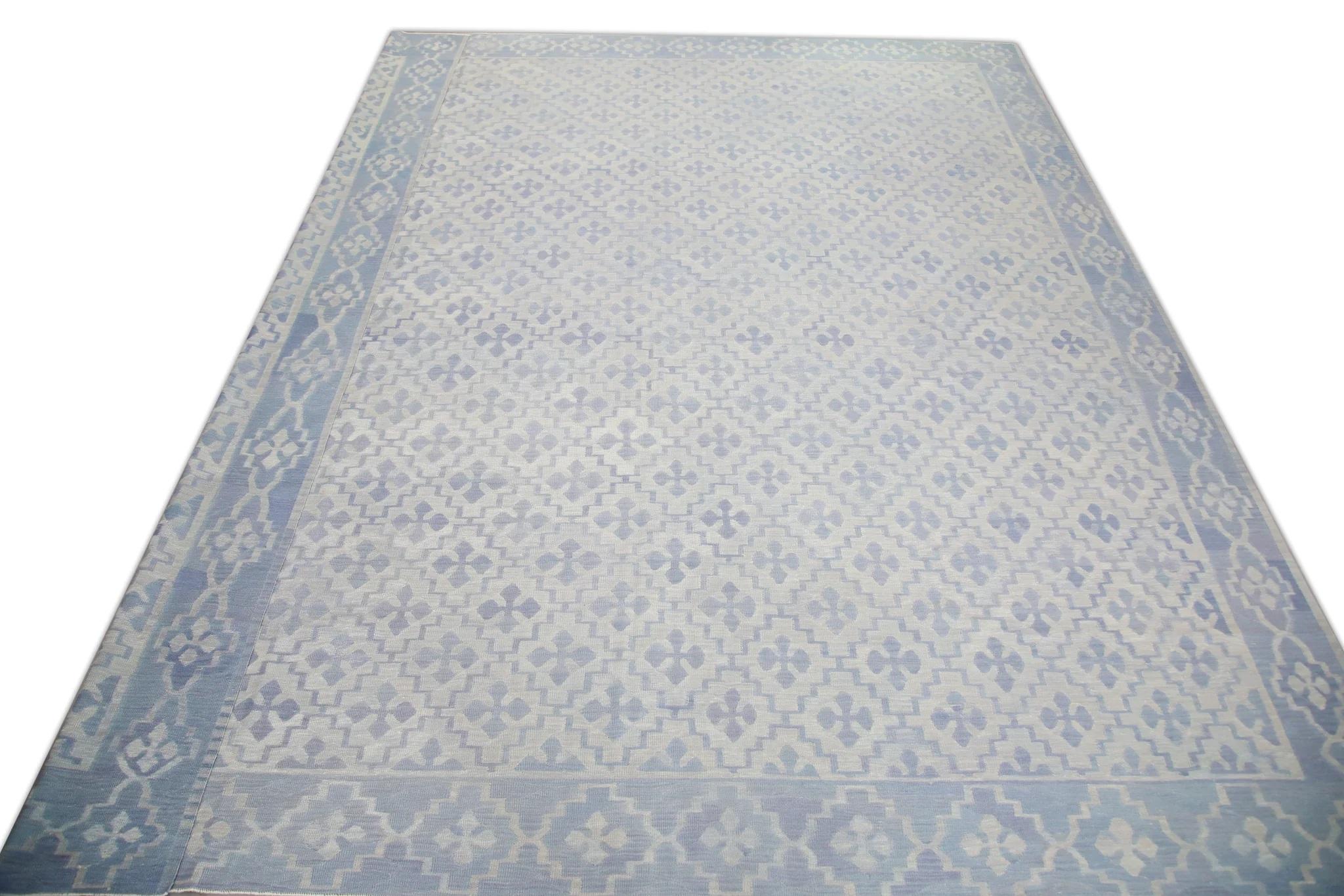 Modern Flatweave Handmade Wool Rug in Blue Geometric Design 14'2