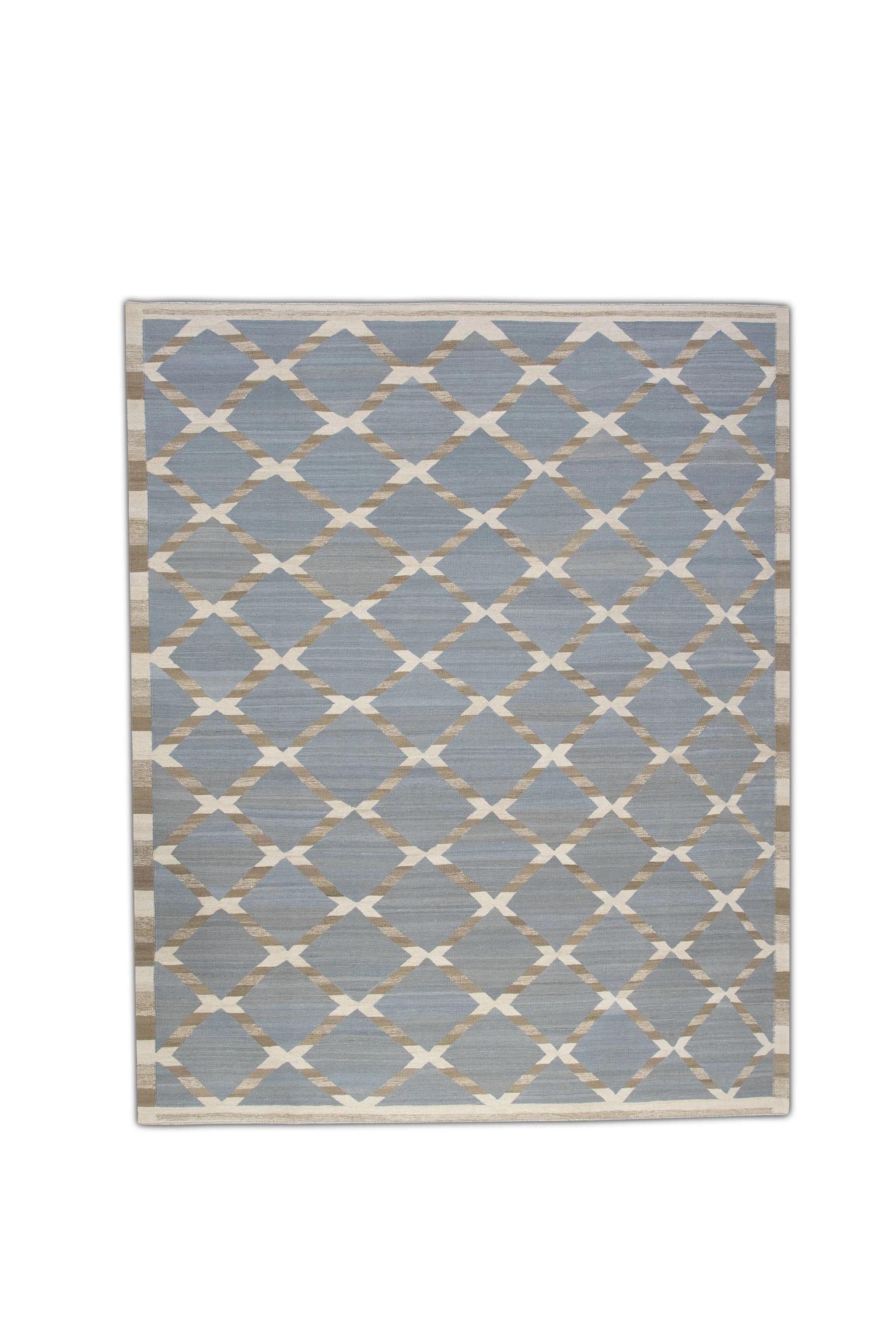 Blue & Brown Geometric Pattern Flatweave Handmade Wool Rug 9'5