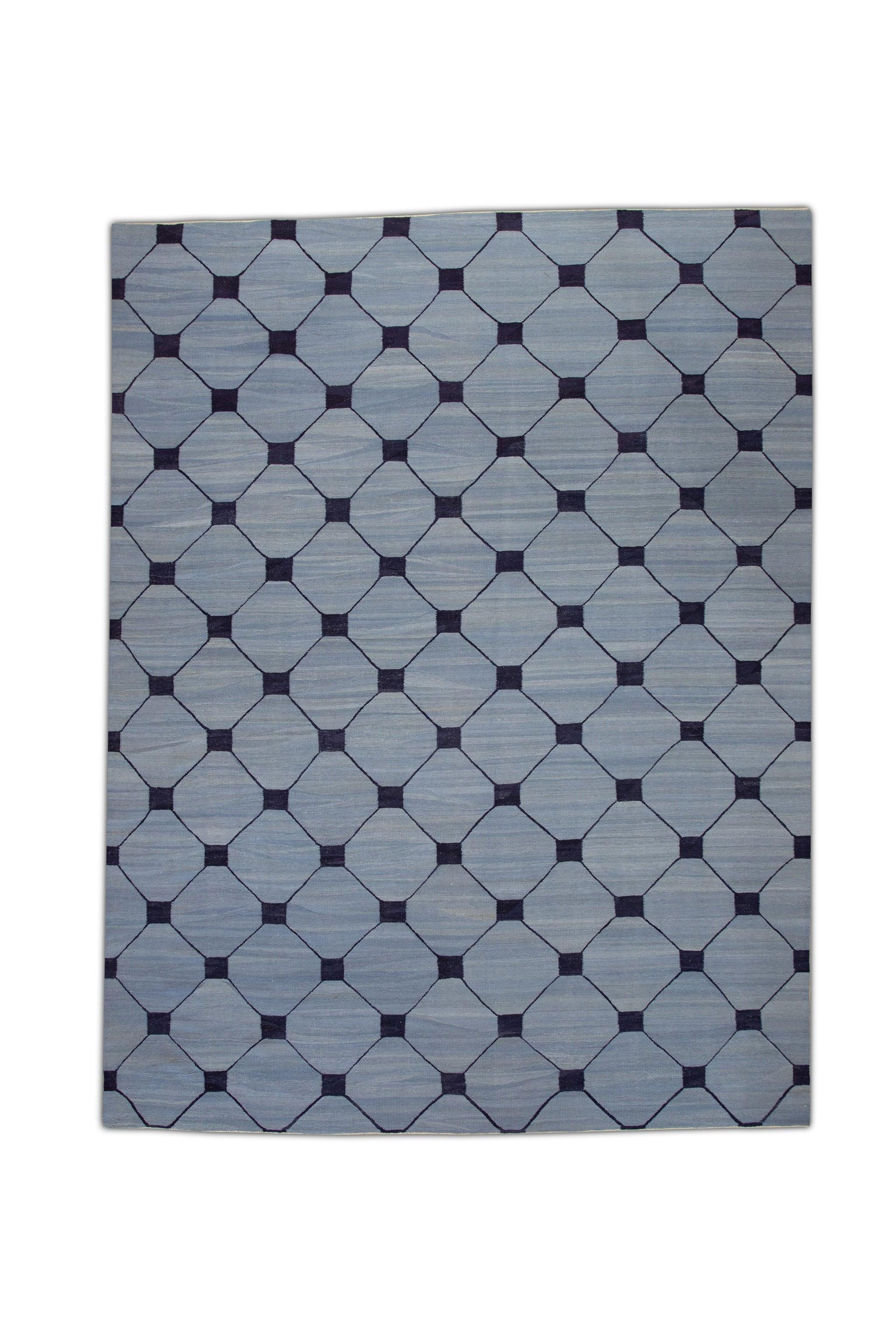 Blue & Navy Geometric Design Flatweave Handmade Wool Rug 10'4