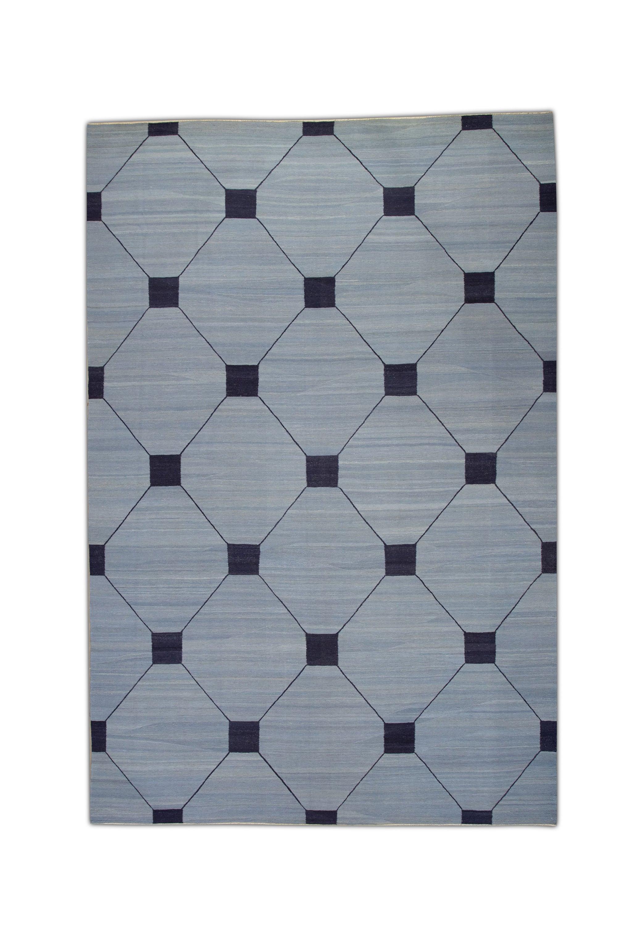 Alfombra de lana azul y azul marino de diseño geométrico de tejido plano hecho a mano 10' X 14'7 en venta 2