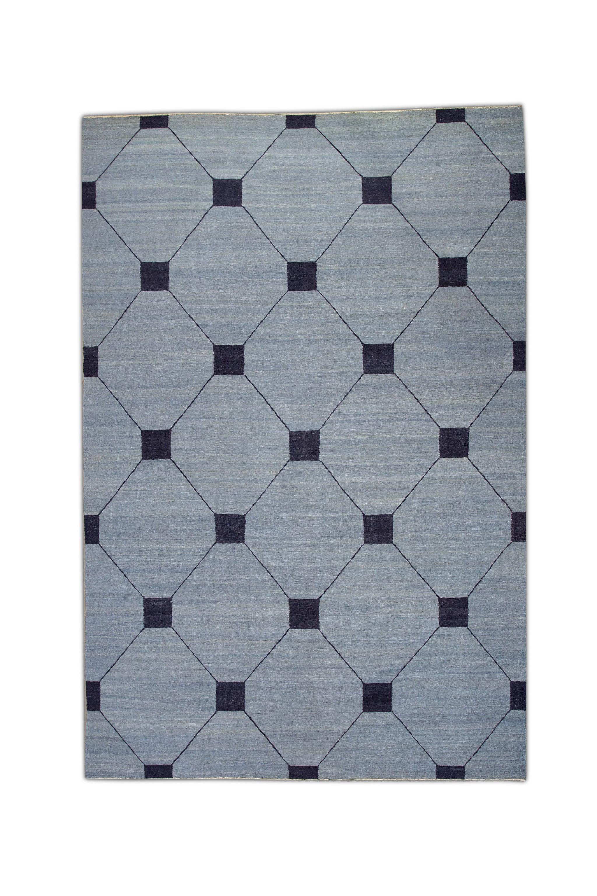 Blue & Navy Geometric Design Flatweave Handmade Wool Rug 10' X 14'7