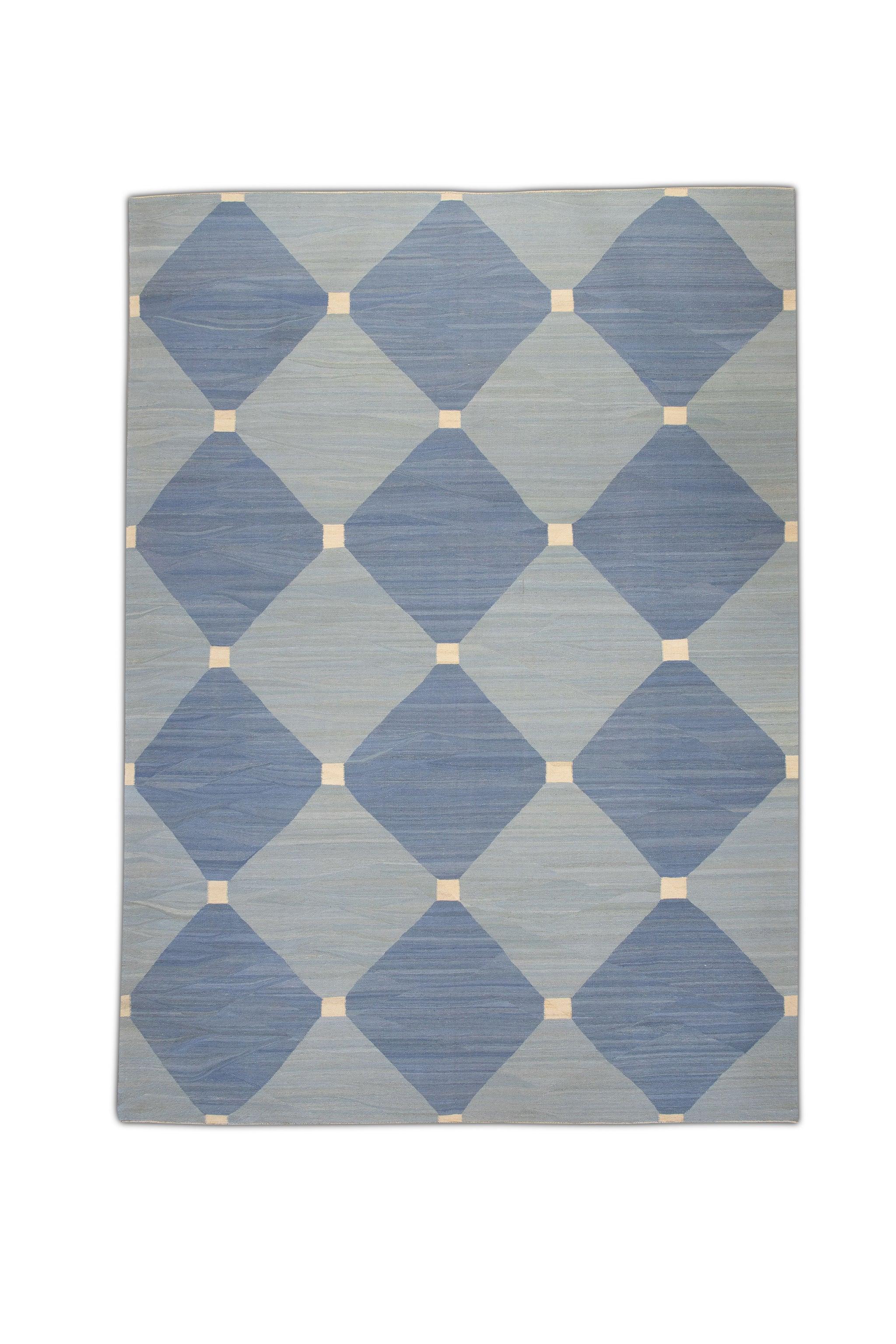 Blue Geometric Design Flatweave Handmade Wool Rug 10'3