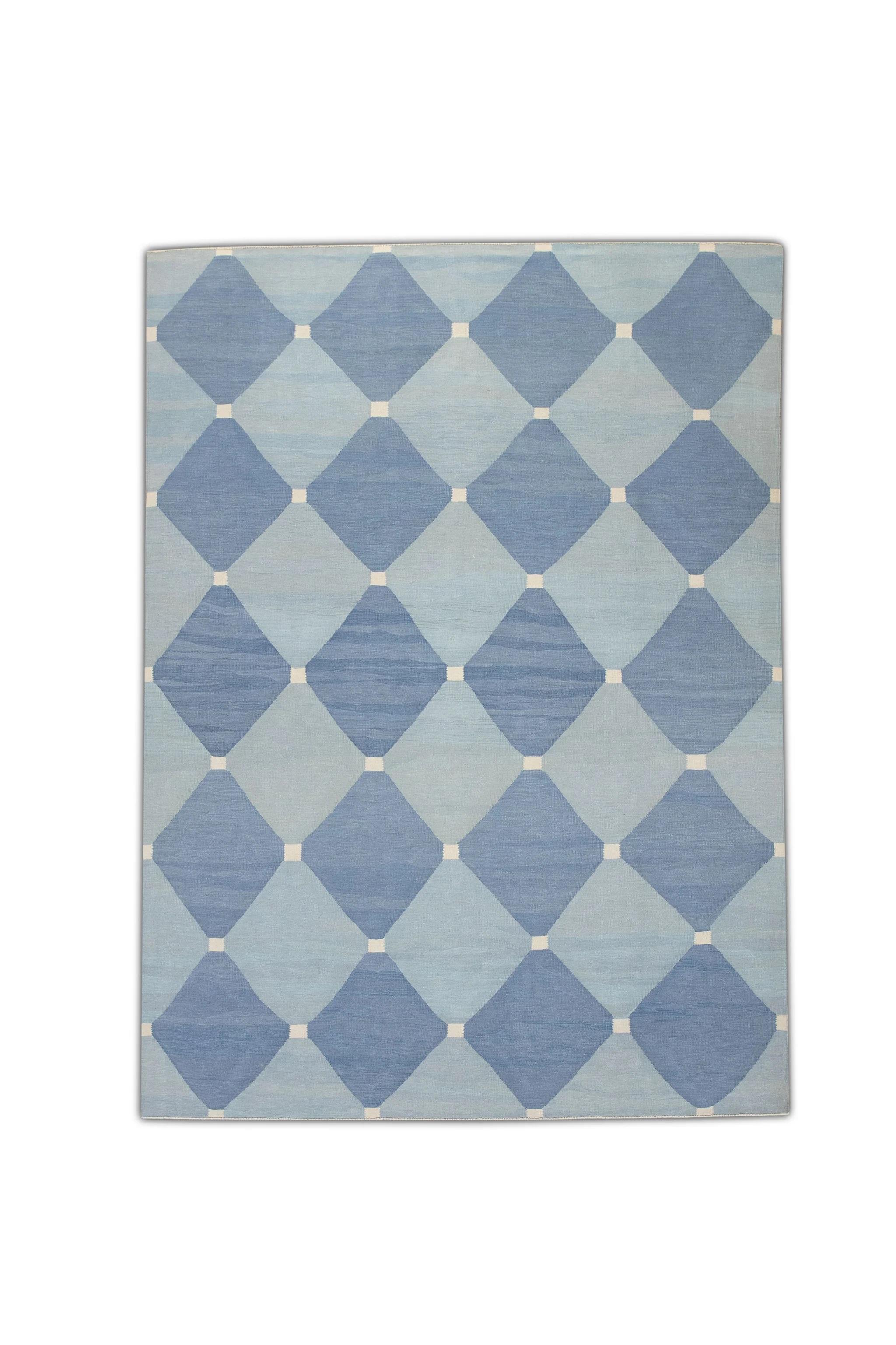 Blauer handgefertigter Flachgewebe-Wollteppich mit geometrischem Muster 9'10