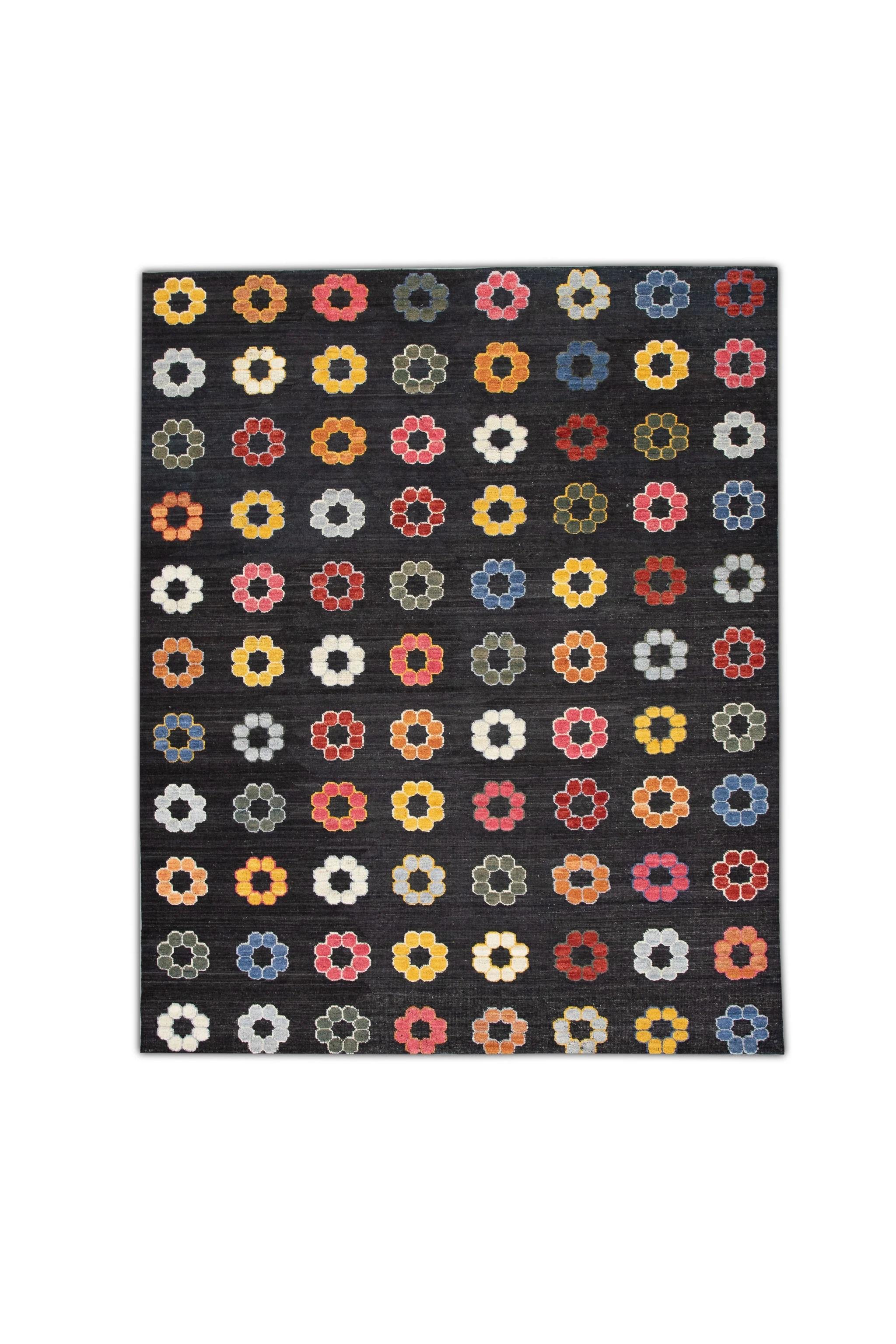 Tappeto in lana fatto a mano con motivo floreale multicolore a tessitura piatta 8'7