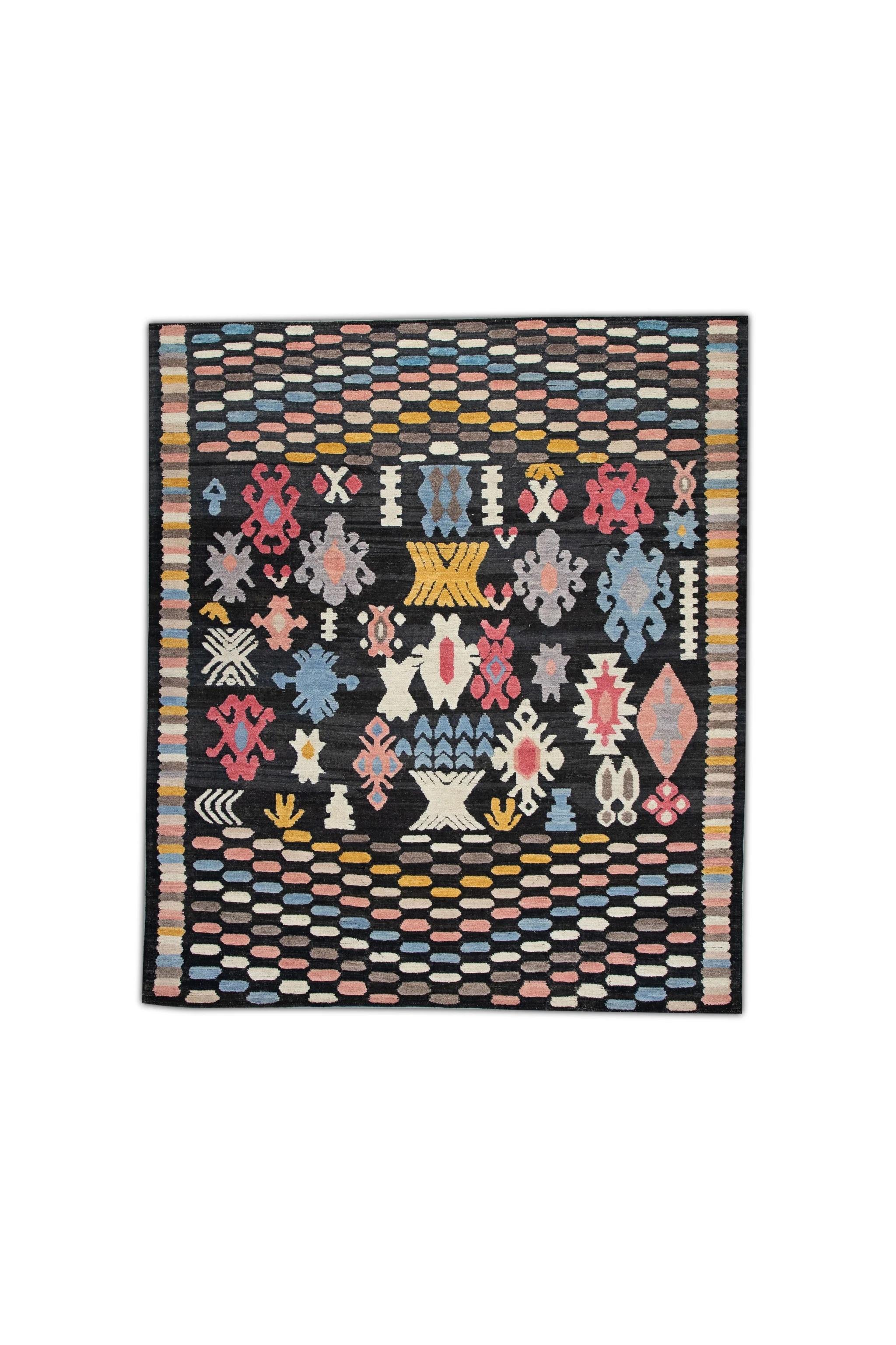 Flatweave Handmade Wool Rug in Pink, Blue, Yellow Geometric Design 8'11