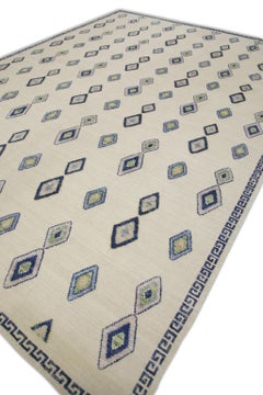 Handgefertigter Wollteppich in Creme mit flachem Muster und blauem geometrischem Diamantmuster 10'8" X 14'