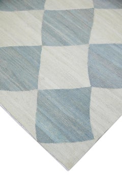 Modern Flatweave Handmade Wool Rug in Blue Checkered Pattern 9'1" X 12'4"